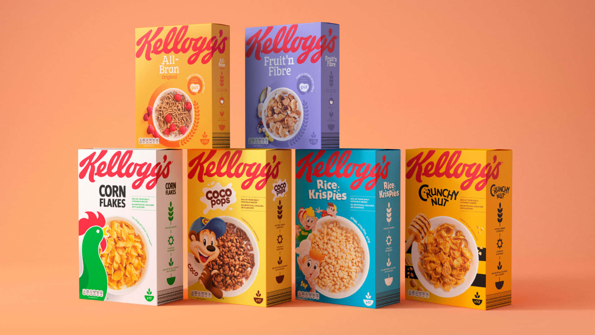 品牌 桌布 壁紙 — 六個色彩繽紛的Kellogg's穀物盒在純桃色背景上排列成金字塔形。