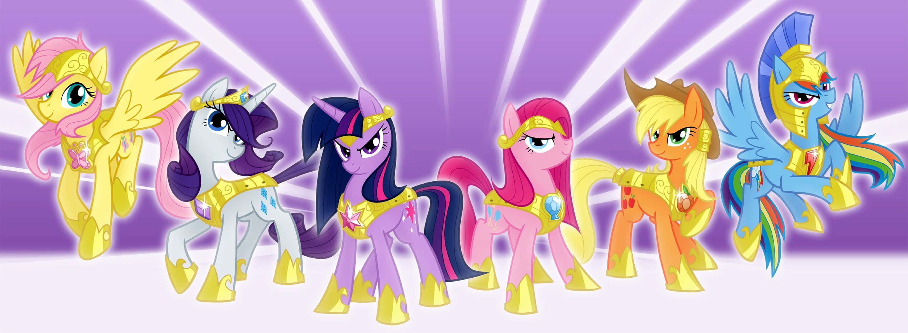 pony 桌布 壁紙 — 六個色彩繽紛的My Little Pony角色身穿金色盔甲，在帶有白色光束的耀眼紫色背景前英勇站立。