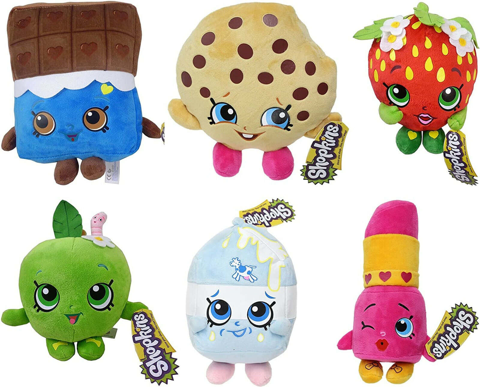 Shopkins 桌布 壁紙 — 六個色彩繽紛的Shopkins毛絨玩具，形狀像食物，有大眼睛和微笑，背景為白色。