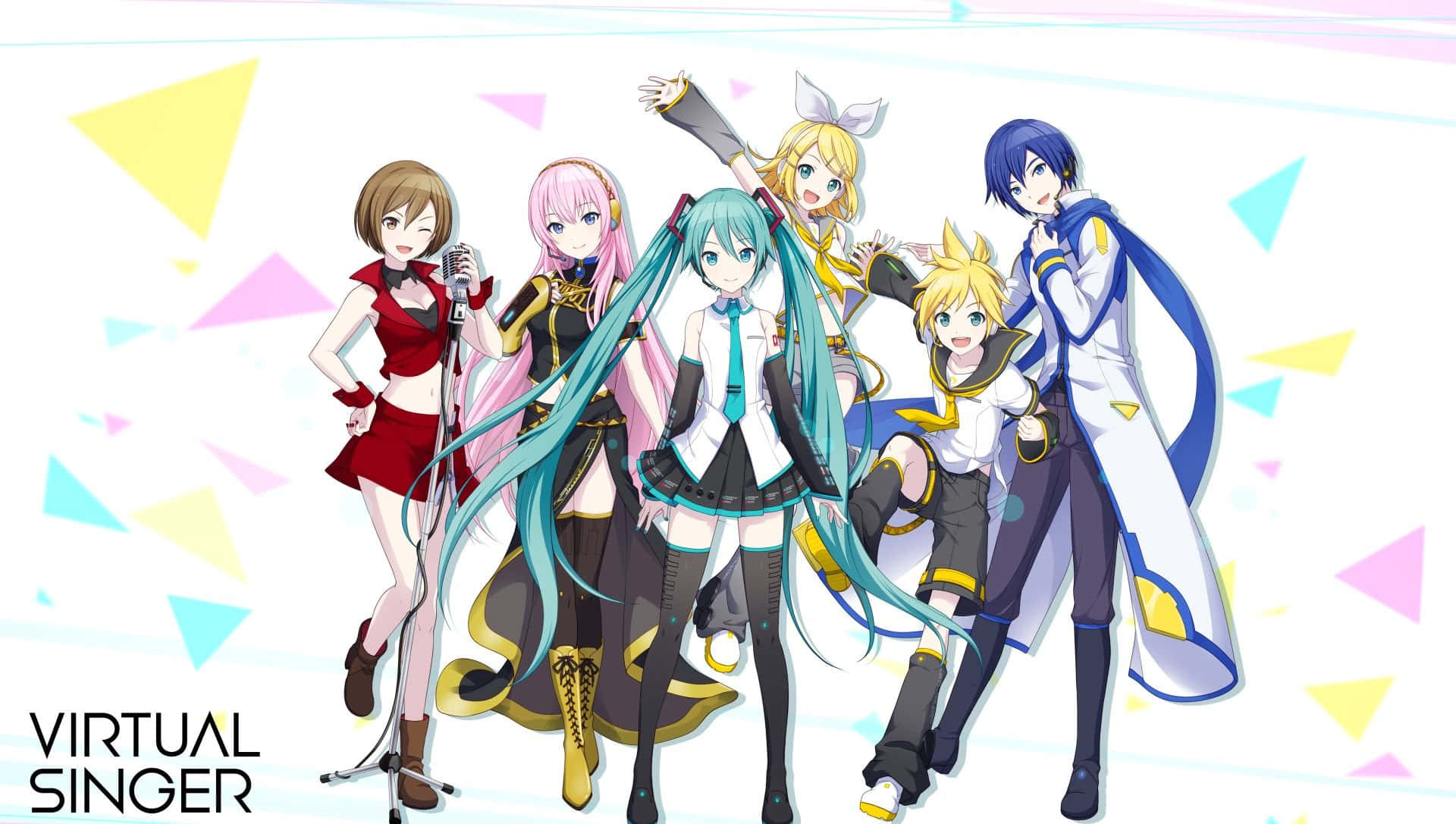 初音未來 桌布 壁紙 — 六個色彩繽紛的動漫虛擬歌手在明亮的粉彩幾何形狀背景前愉快地擺姿勢。