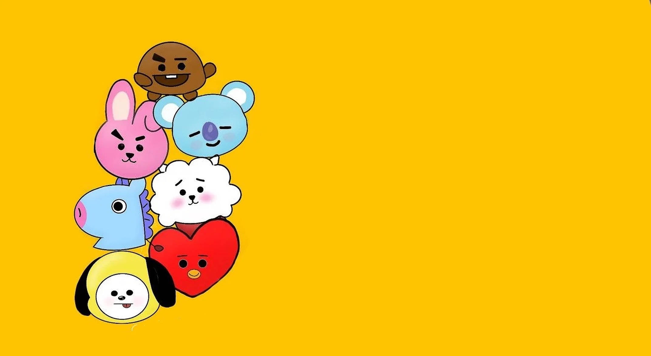 shooky bt21 桌布 壁紙 — 六個色彩繽紛的卡通人物，表情各異，聚集在純黃色背景上。