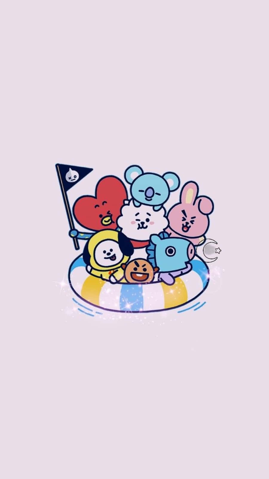 BT21 桌布 壁紙 — 六個色彩繽紛的卡通人物在帶有小旗子的水上愉快地騎著條紋游泳圈。