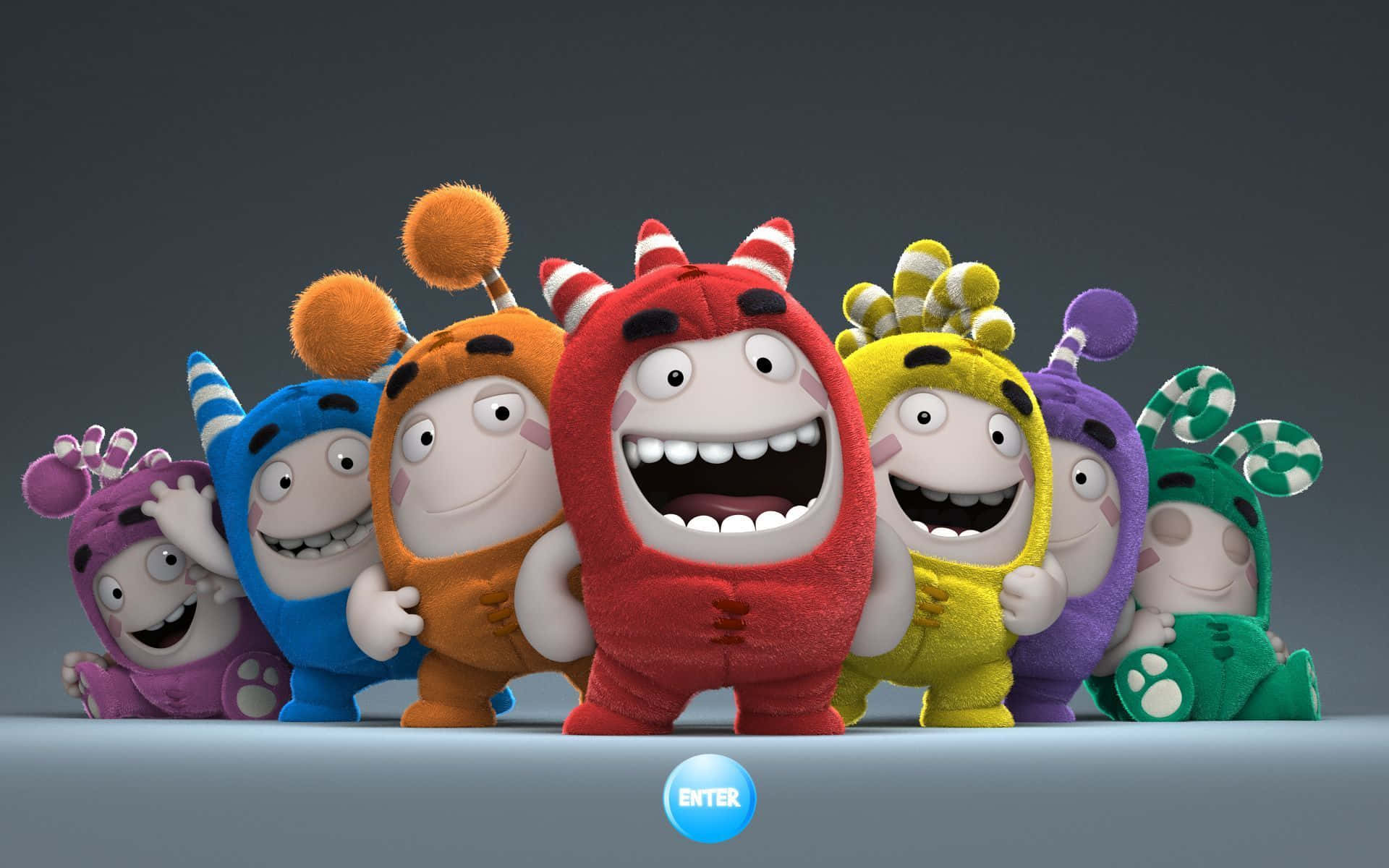 Oddbods 桌布 壁紙 — 六個色彩繽紛的卡通怪物，帶著燦爛的笑容和獨特的帽子，在深灰色背景前愉快地擺姿勢。