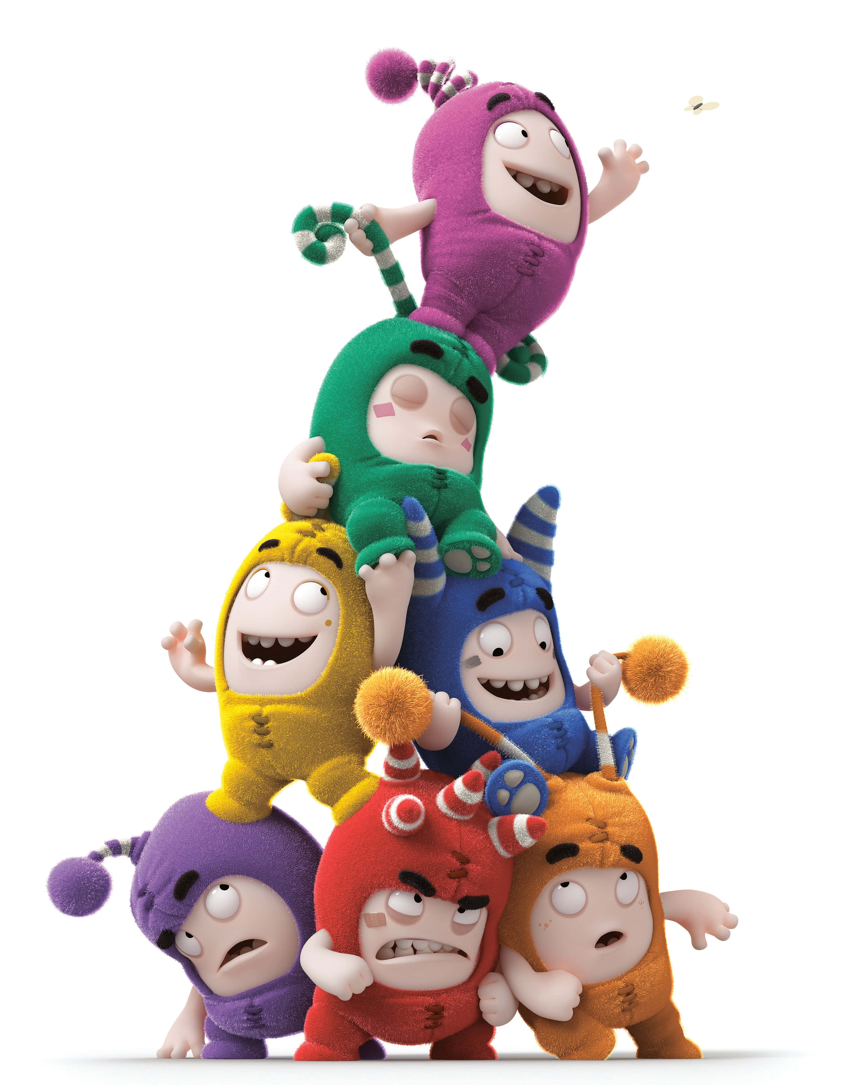 Oddbods 桌布 壁紙 — 六個色彩繽紛的卡通怪物以多種表情堆疊成一個有趣的錐體，背景為純白色。