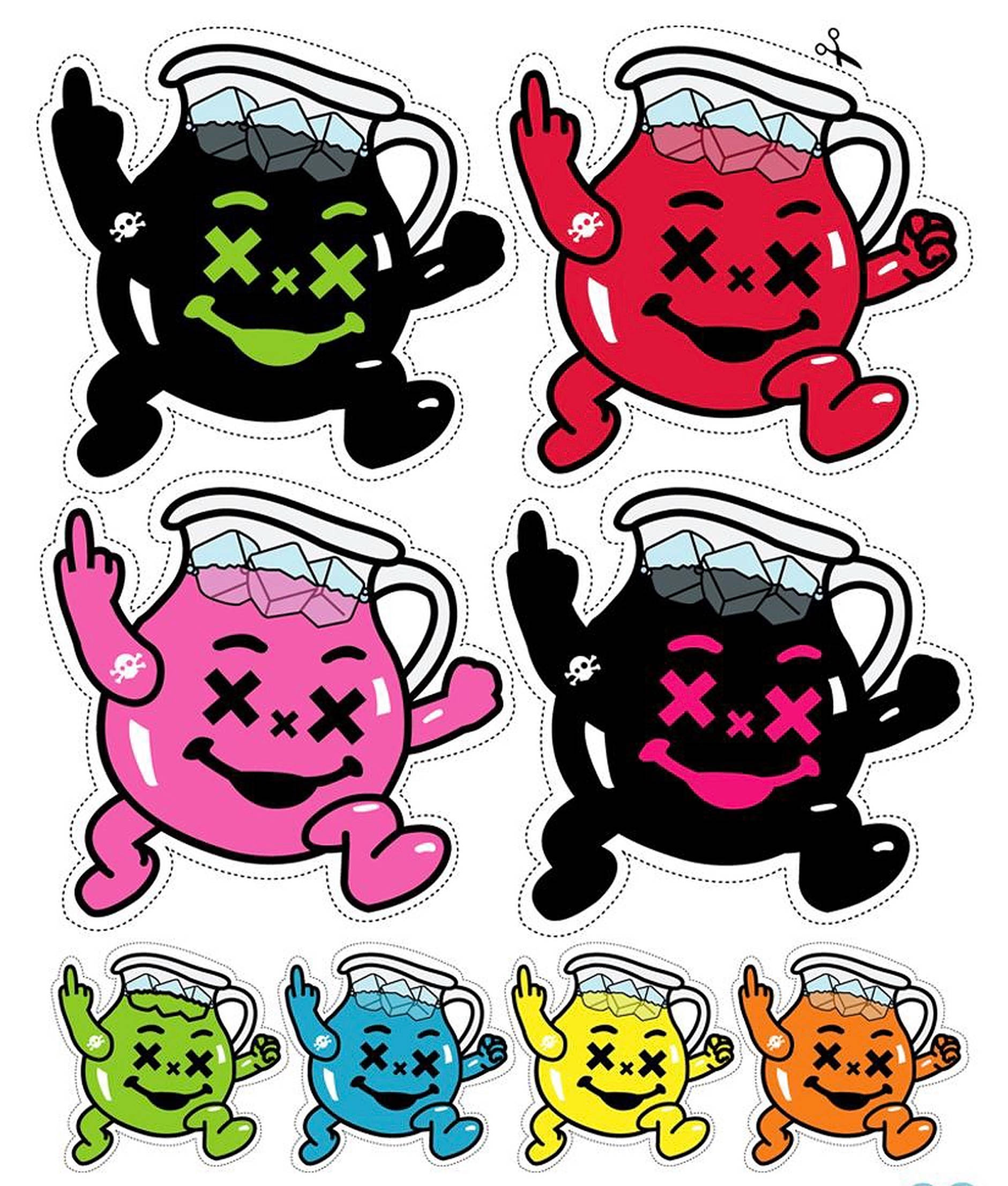 Kool Aid Man 桌布 壁紙 — 六個色彩繽紛的卡通水壺角色，帶有X形眼睛和冰塊，在白色背景前歡快地跳舞。