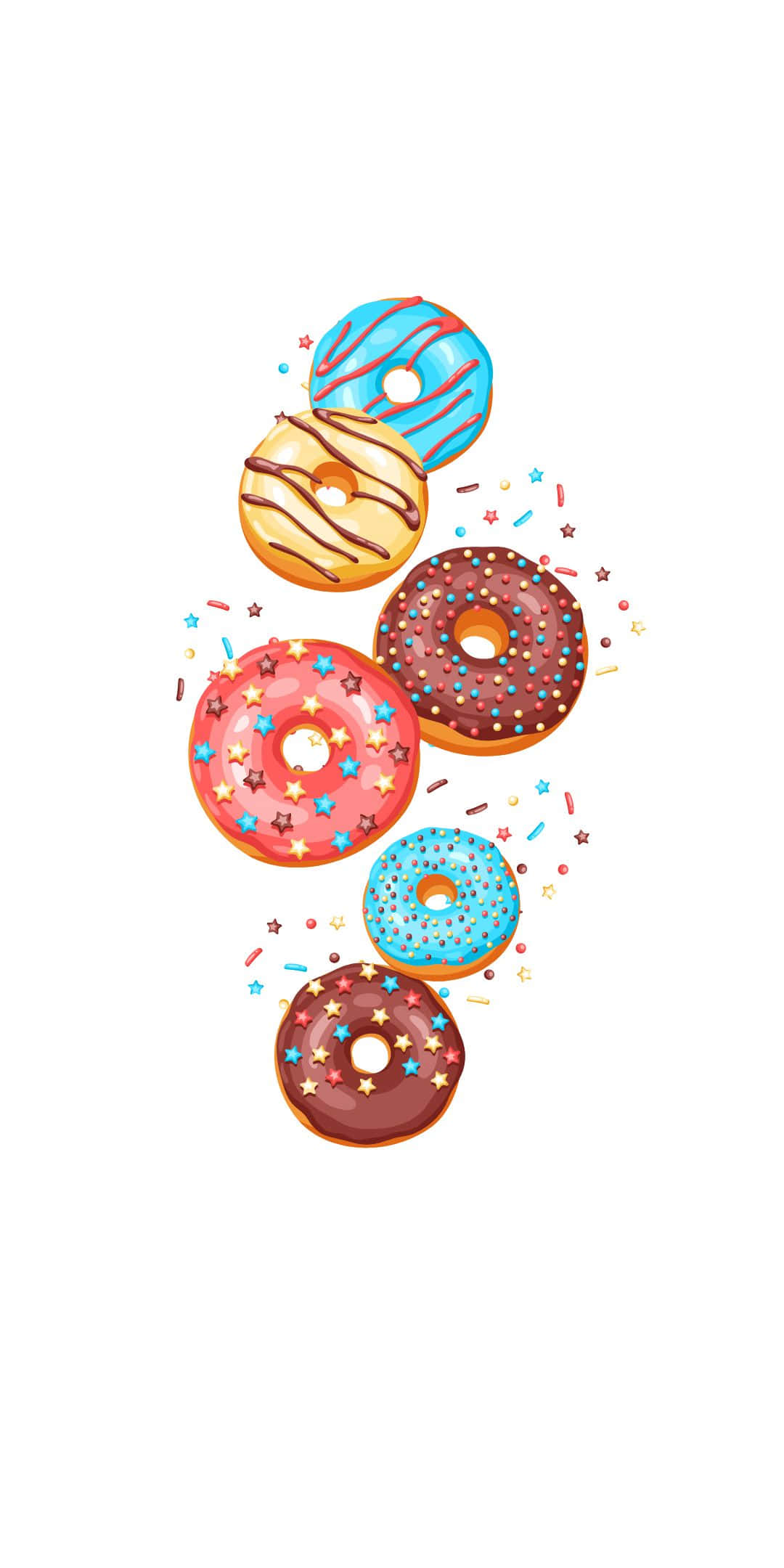Sprinkles 桌布 壁紙 — 六個色彩繽紛的卡通甜甜圈，上面有糖粒和糖霜，漂浮在純白色背景上。