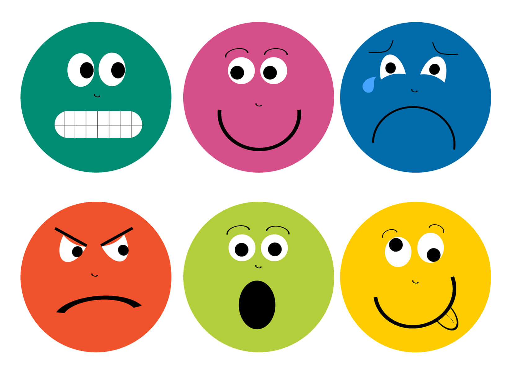 emotion 桌布 壁紙 — 六個色彩繽紛的卡通臉孔在白色背景上展示不同的情緒，包括憤怒、驚訝、悲傷、快樂和沮喪。