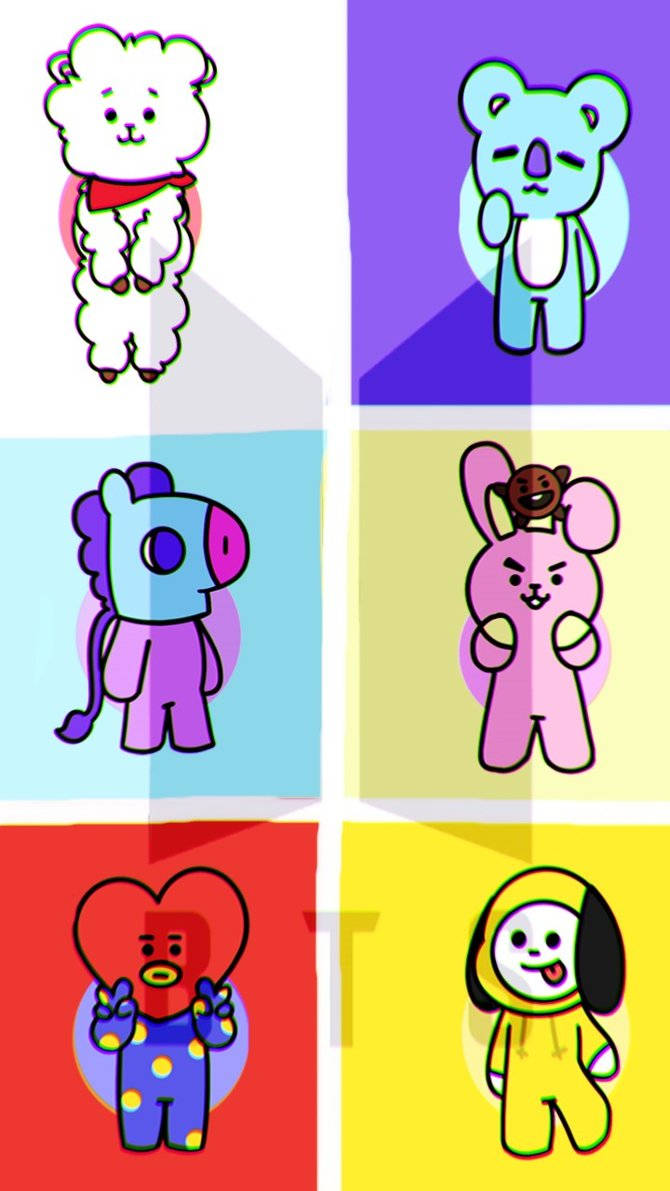 BT21 桌布 壁紙 — 六個色彩繽紛的卡通角色，每個都在不同的鮮豔方格中，帶有粗線條和俏皮表情。