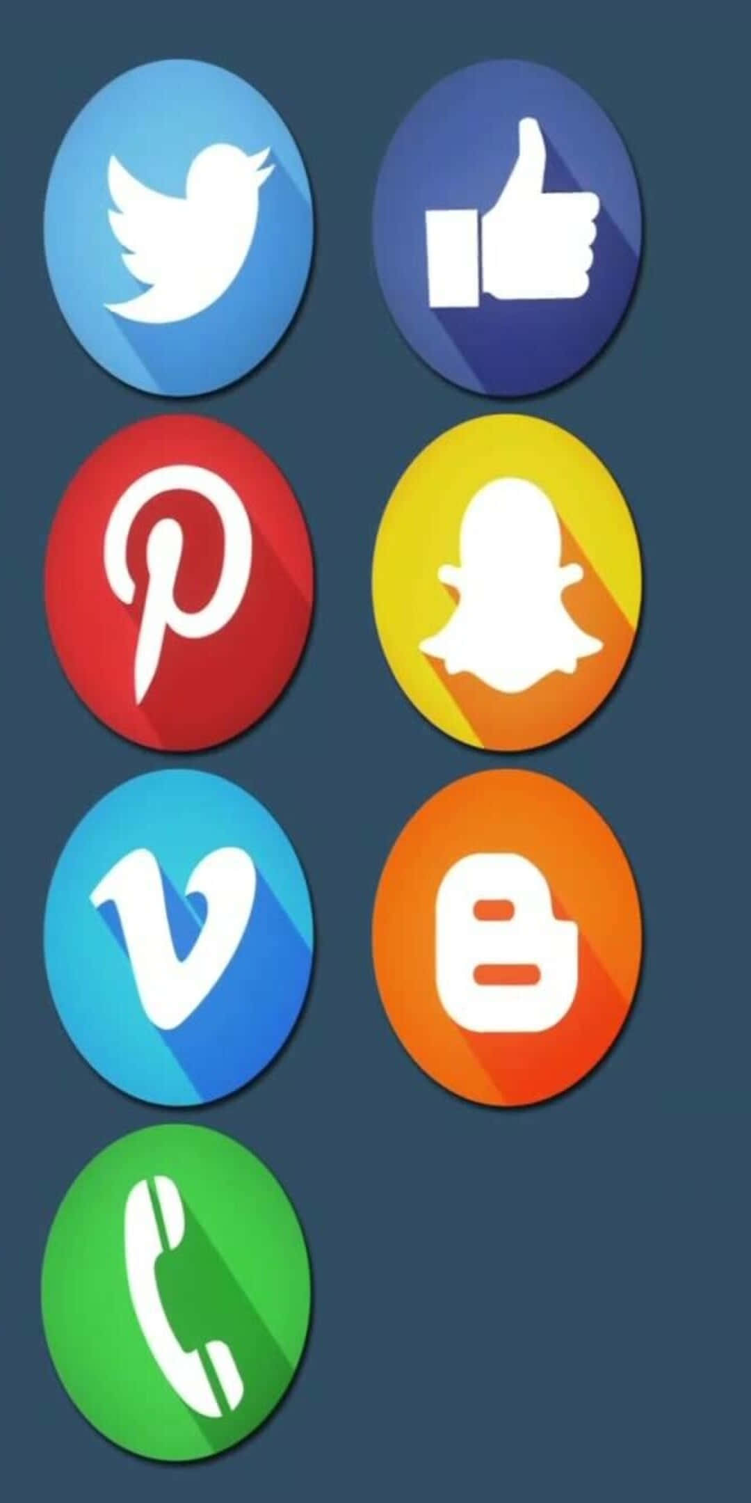 Social 桌布 壁紙 — 六個色彩繽紛的圓形社交媒體和電話功能應用程式圖示，排列在深藍色背景上。