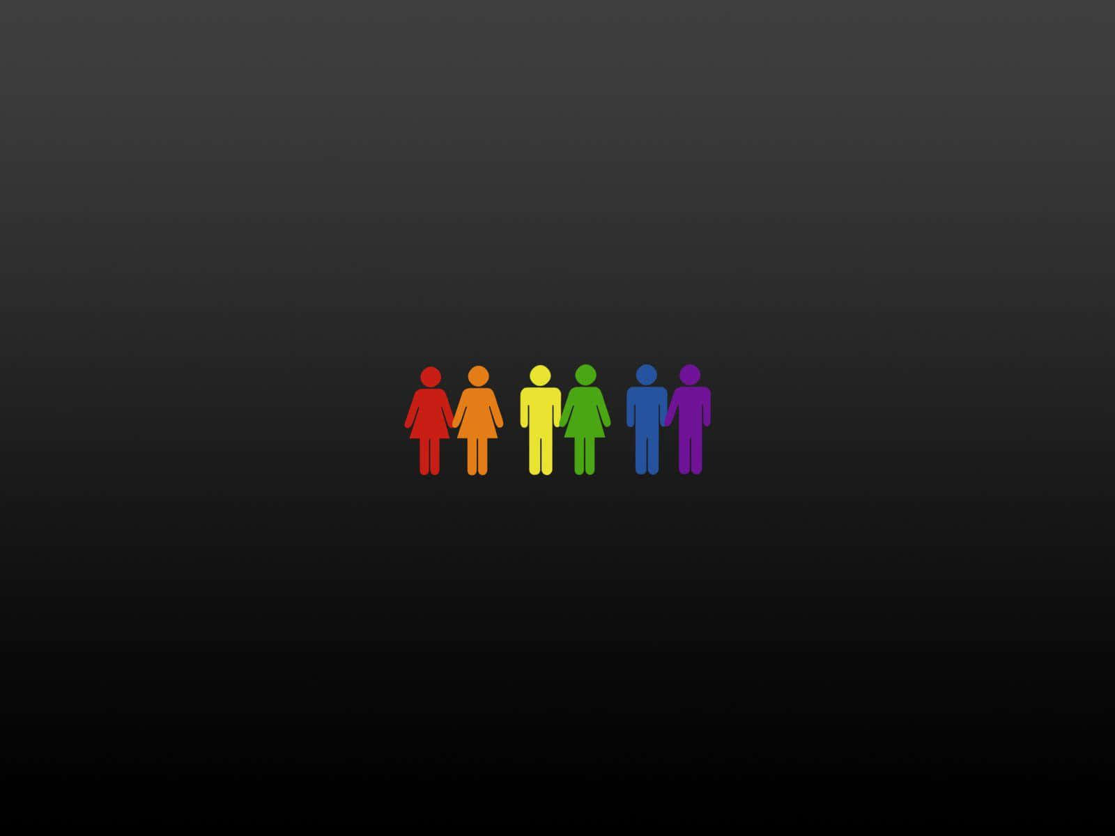 Im Gay 桌布 壁紙 — 六個色彩繽紛的彩虹火柴人在深色漸變背景上手牽手。