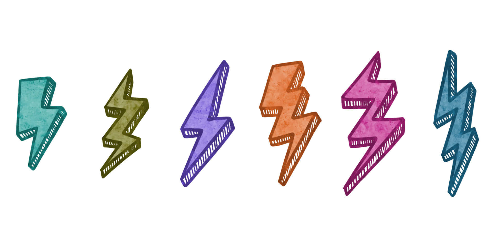 Lightning Bolt 桌布 壁紙 — 六個色彩繽紛的手繪閃電，顏色包括青綠色、橄欖色、紫色、橙色、洋紅色和藍色，帶有紋理填充和虛線輪廓，背景為白色。