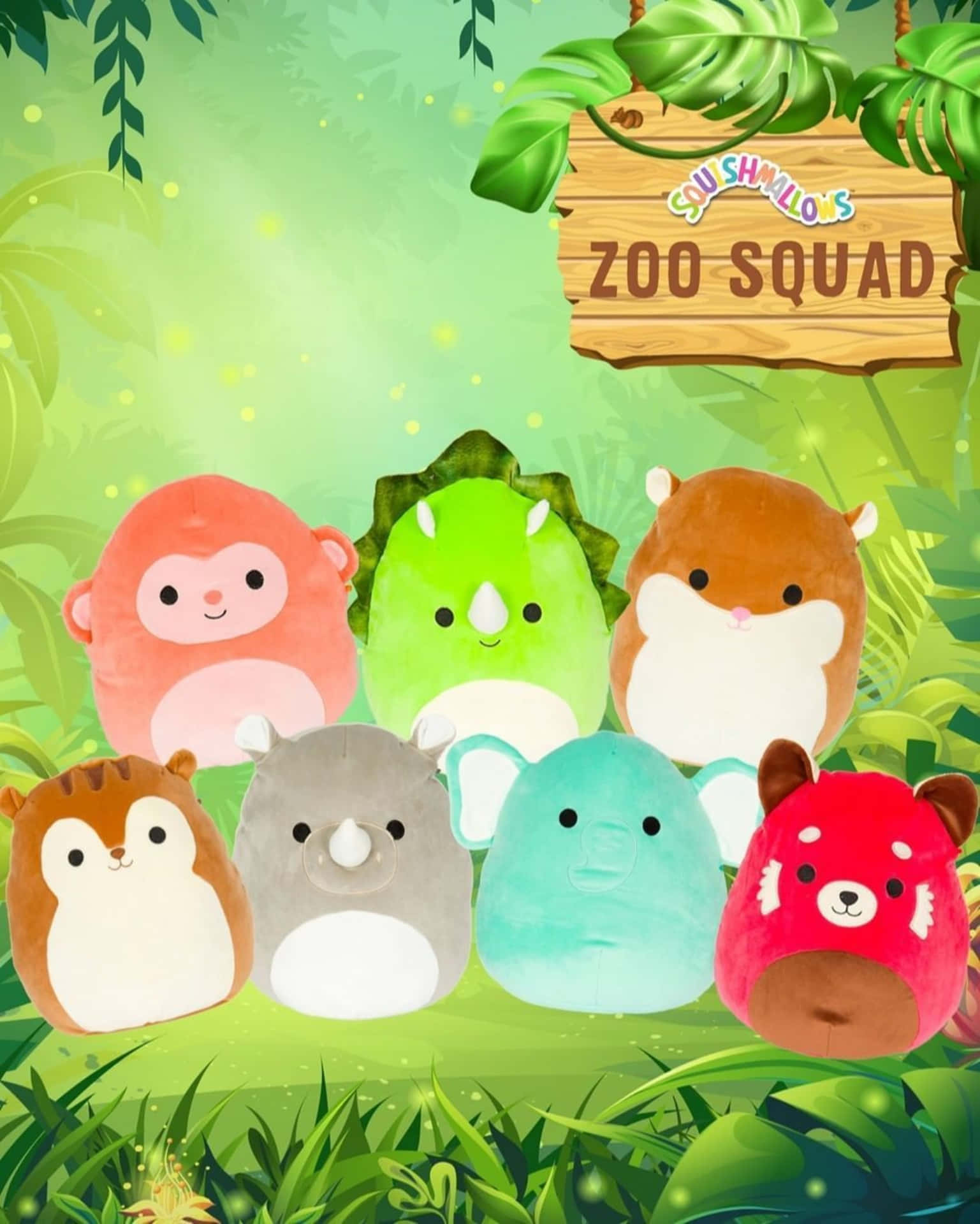 叢林中有六個色彩繽紛的絨毛動物，還有一個寫著「Squishmallows Zoo Squad」的木牌。 — Squishmallows 壁紙