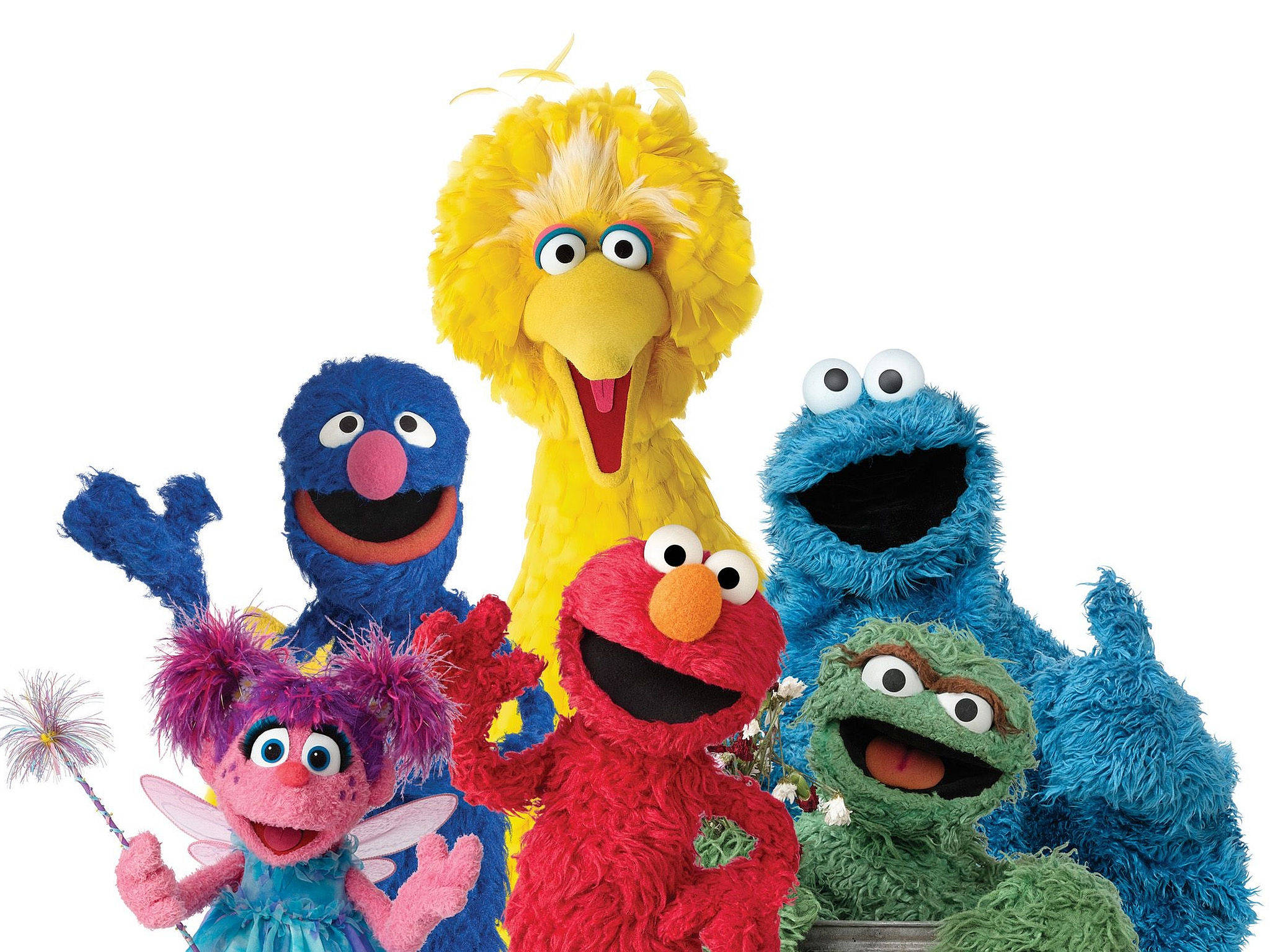 Elmo 桌布 壁紙 — 六個色彩繽紛的芝麻街玩偶在白色背景上微笑揮手。
