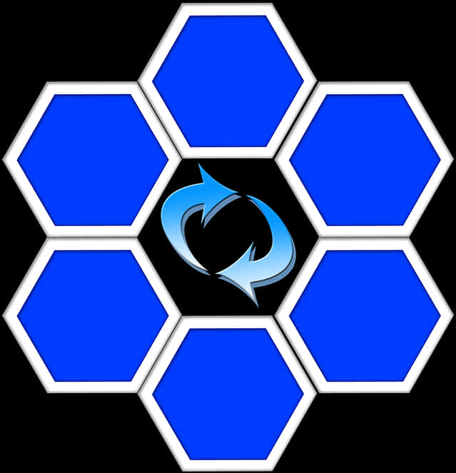 Geometric Shapes 桌布 壁紙 — 六個藍色六邊形帶白色邊框圍繞中央藍色圓形箭頭在黑色背景上放射排列。