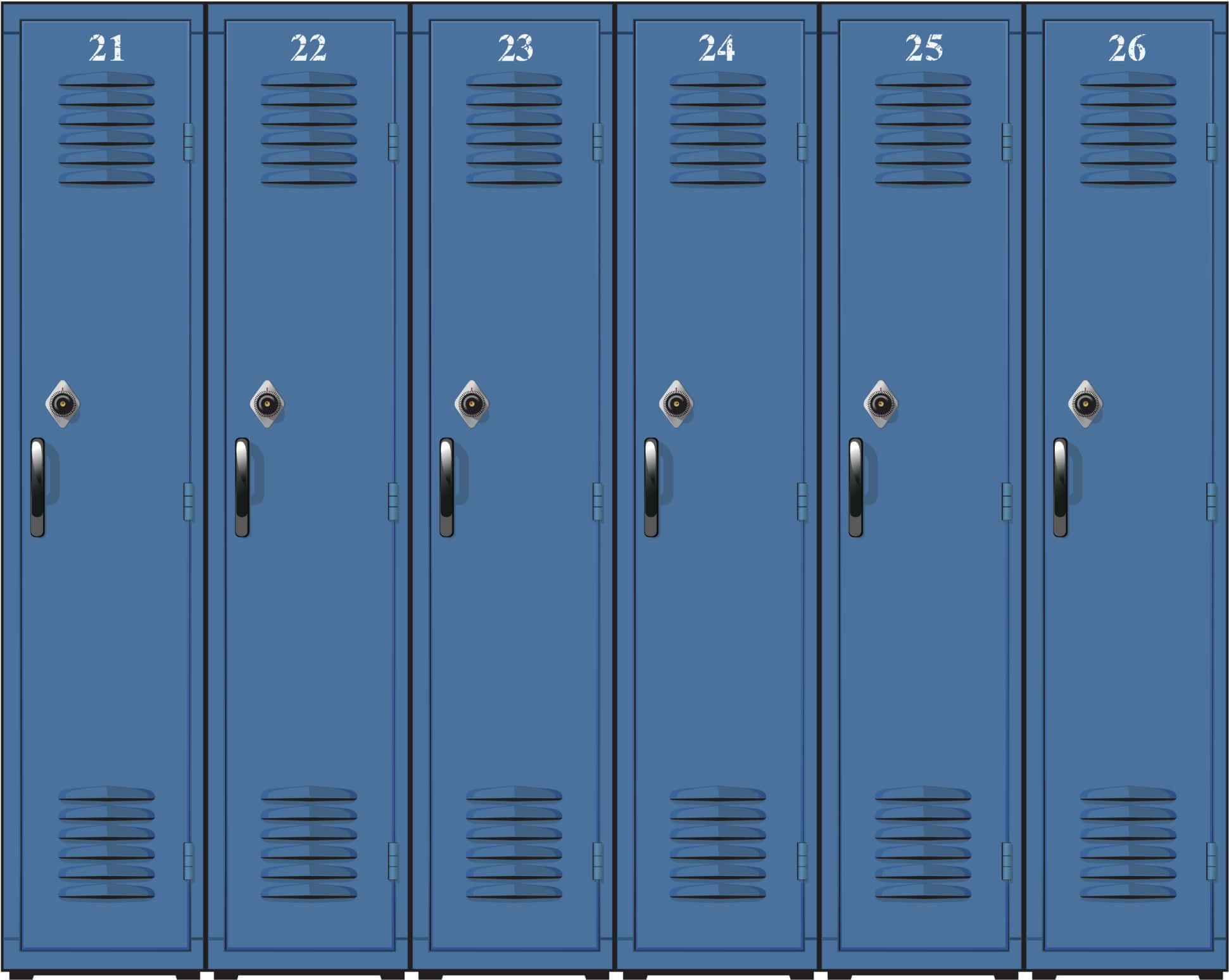 Locker 桌布 壁紙 — 六個藍色有編號的置物櫃排成一排，配有銀色把手和通風口。