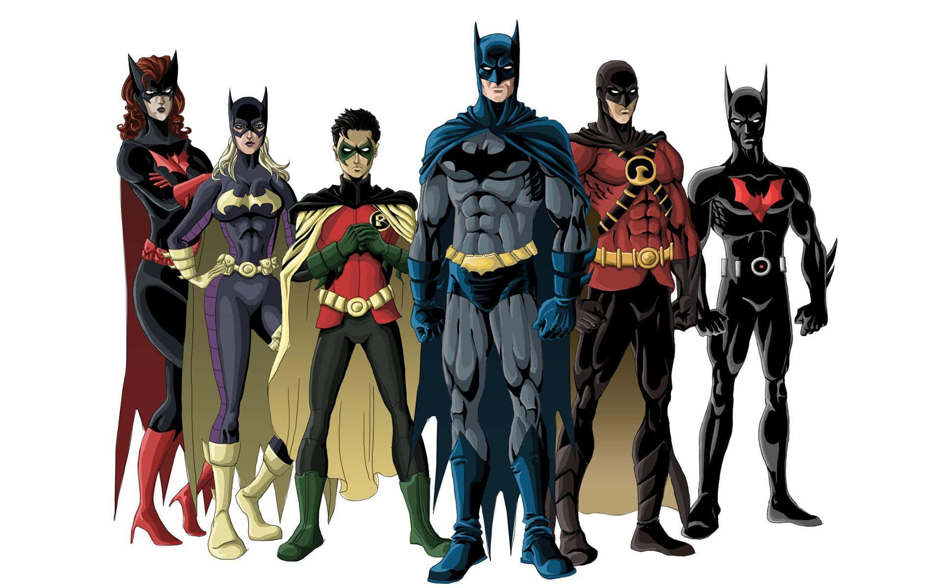 Bat-family 桌布 壁紙 — 六個蝙蝠俠變體以英雄姿態排列在純白背景前，展示多種服裝和面具。