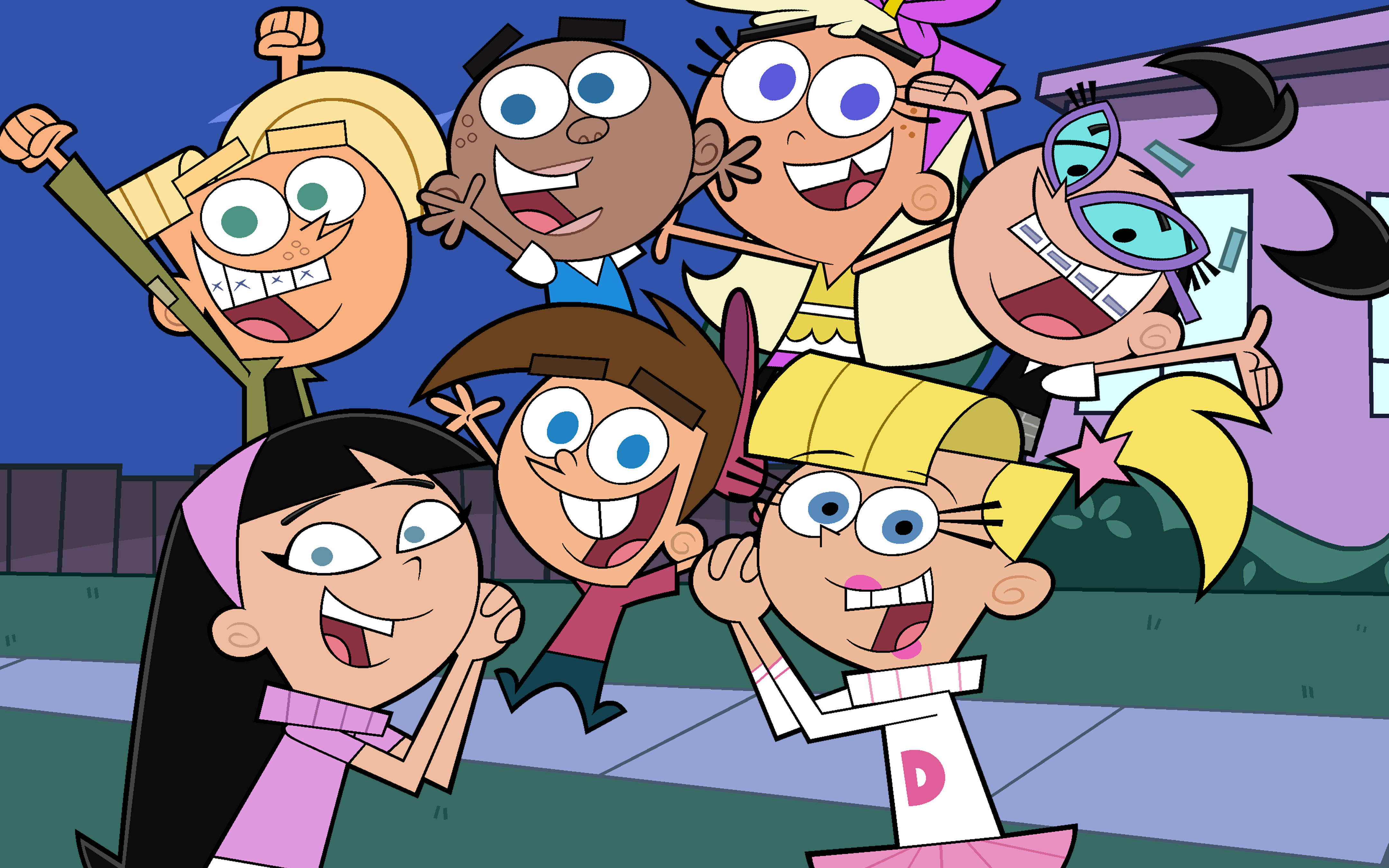 The Fairly Oddparents 桌布 壁紙 — 六個表情誇張的動畫小孩在戶外夜晚開心地擠在一起。
