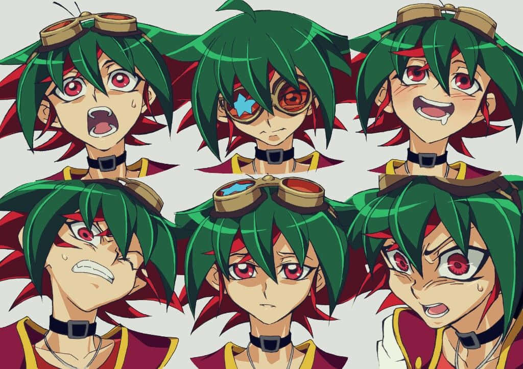 Yuya Sakaki 桌布 壁紙 — 六個表情豐富的動漫面孔，角色擁有綠色頭髮、紅色眼睛和護目鏡，展現多種情緒。