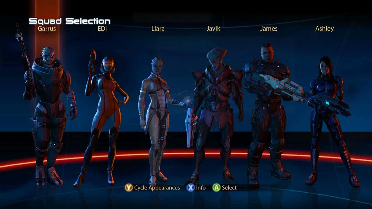 Mass Effect Javik 桌布 壁紙 — 六個裝甲科幻角色在深藍色燈光下排列在發光的紅色平台上。