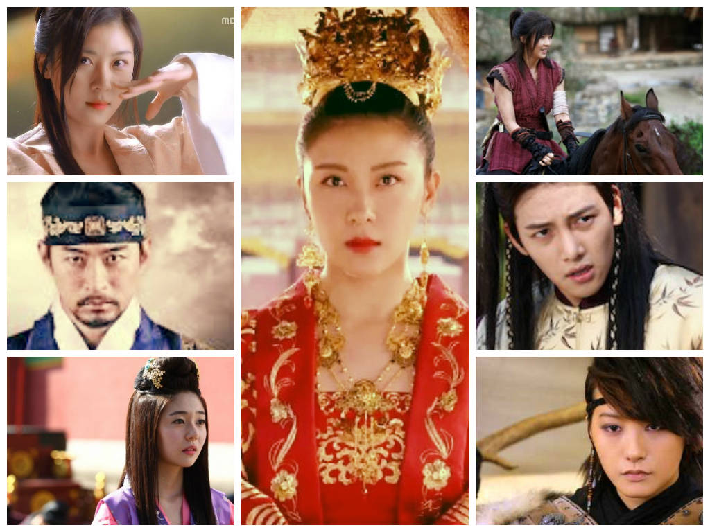 kdrama 桌布 壁紙 — 六個角色穿著華麗傳統服飾的拼貼畫，表情戲劇化，色調豐富，包括金色、紅色和紫色。