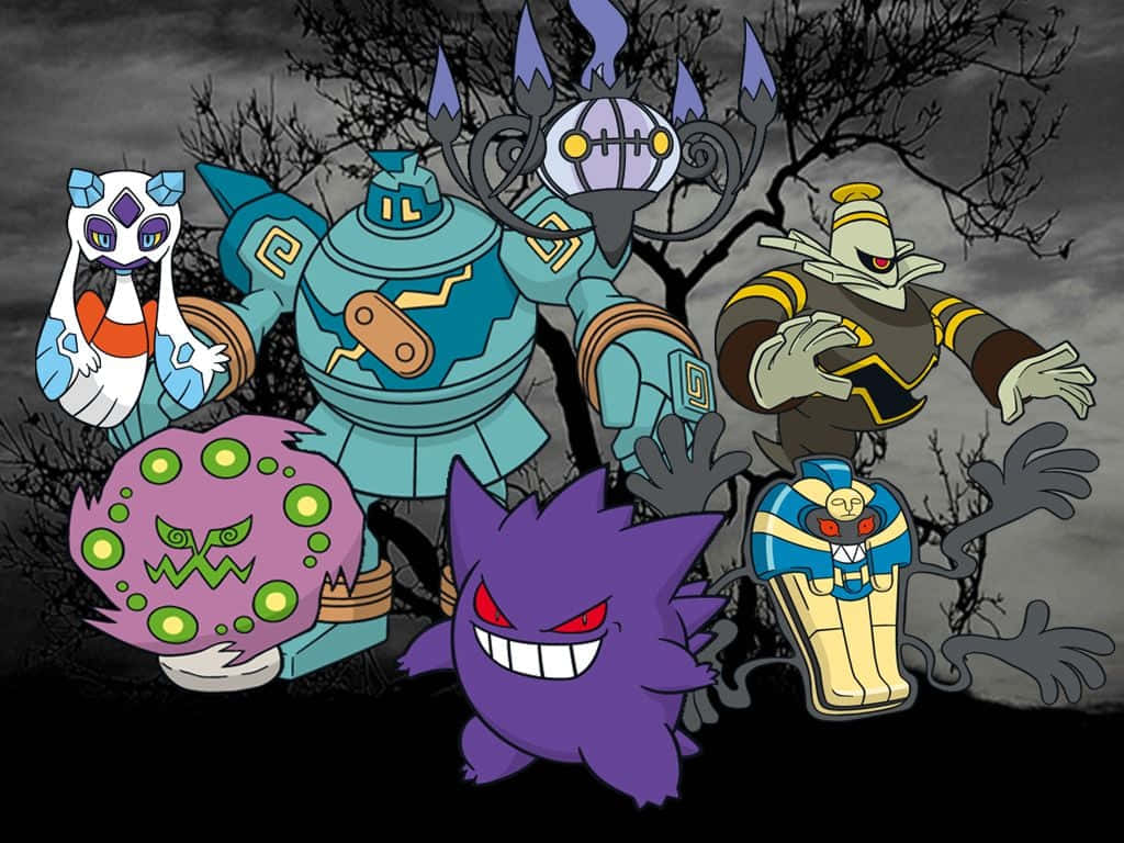 Ghost Pokemon 桌布 壁紙 — 六個詭異的寶可夢角色在黑暗暴風雨的天空和光禿禿的樹木背景下威嚇地站立。