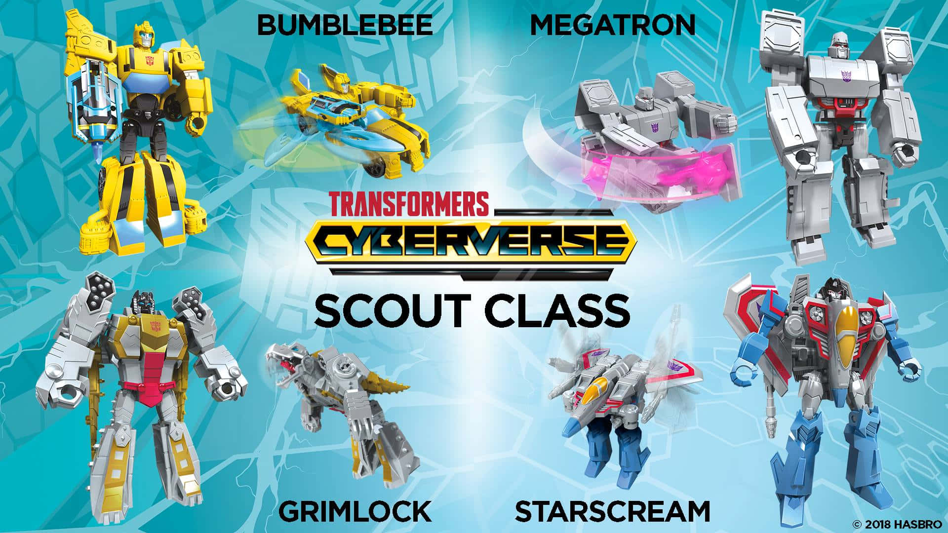 Animated 桌布 壁紙 — 六個變形金剛 Cyberverse Scout Class 動作人偶在發光藍色科技背景前擺出姿勢，附有角色名稱。