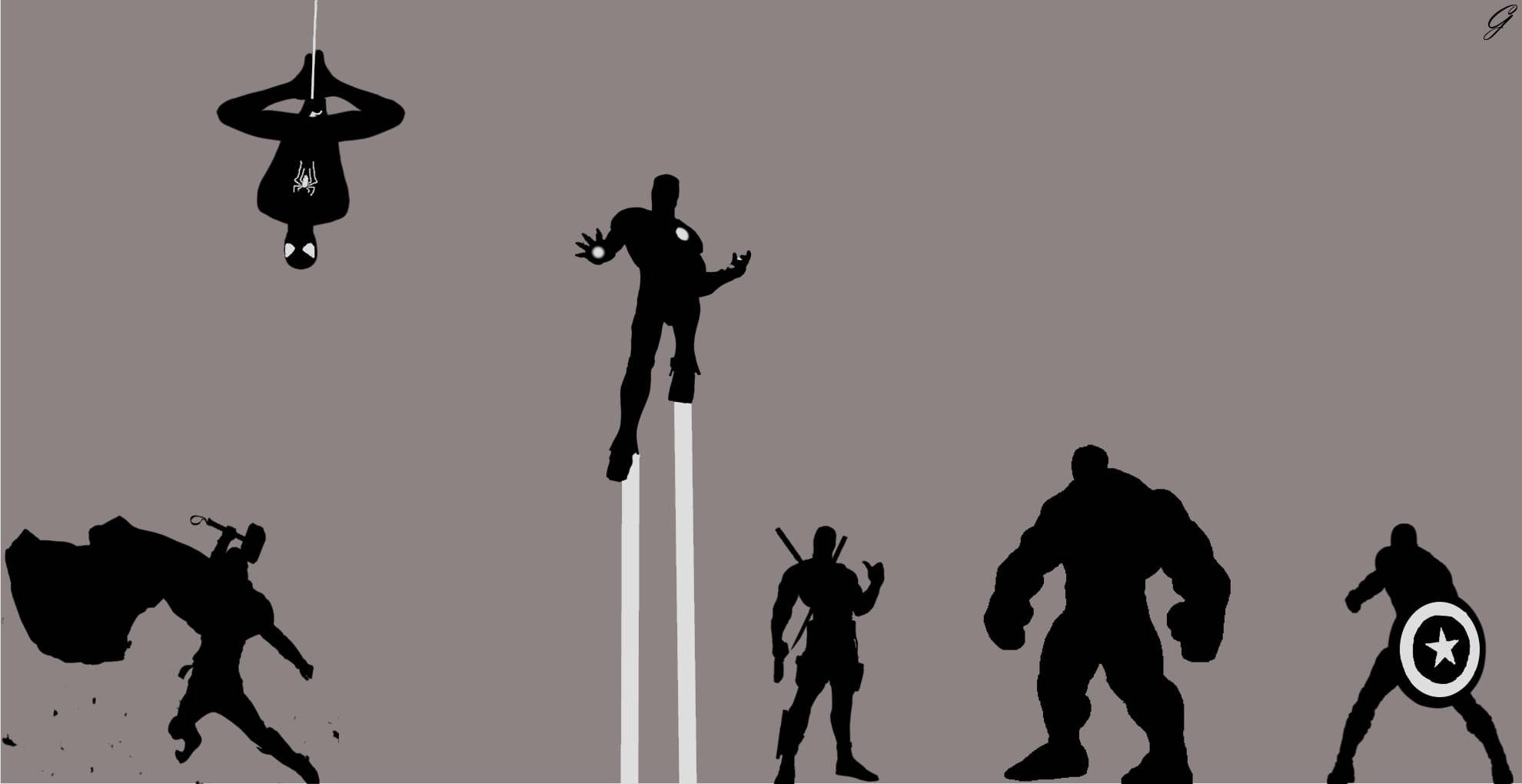 Ultron 桌布 壁紙 — 六個超級英雄的剪影，以動態姿勢呈現在純灰色背景上。