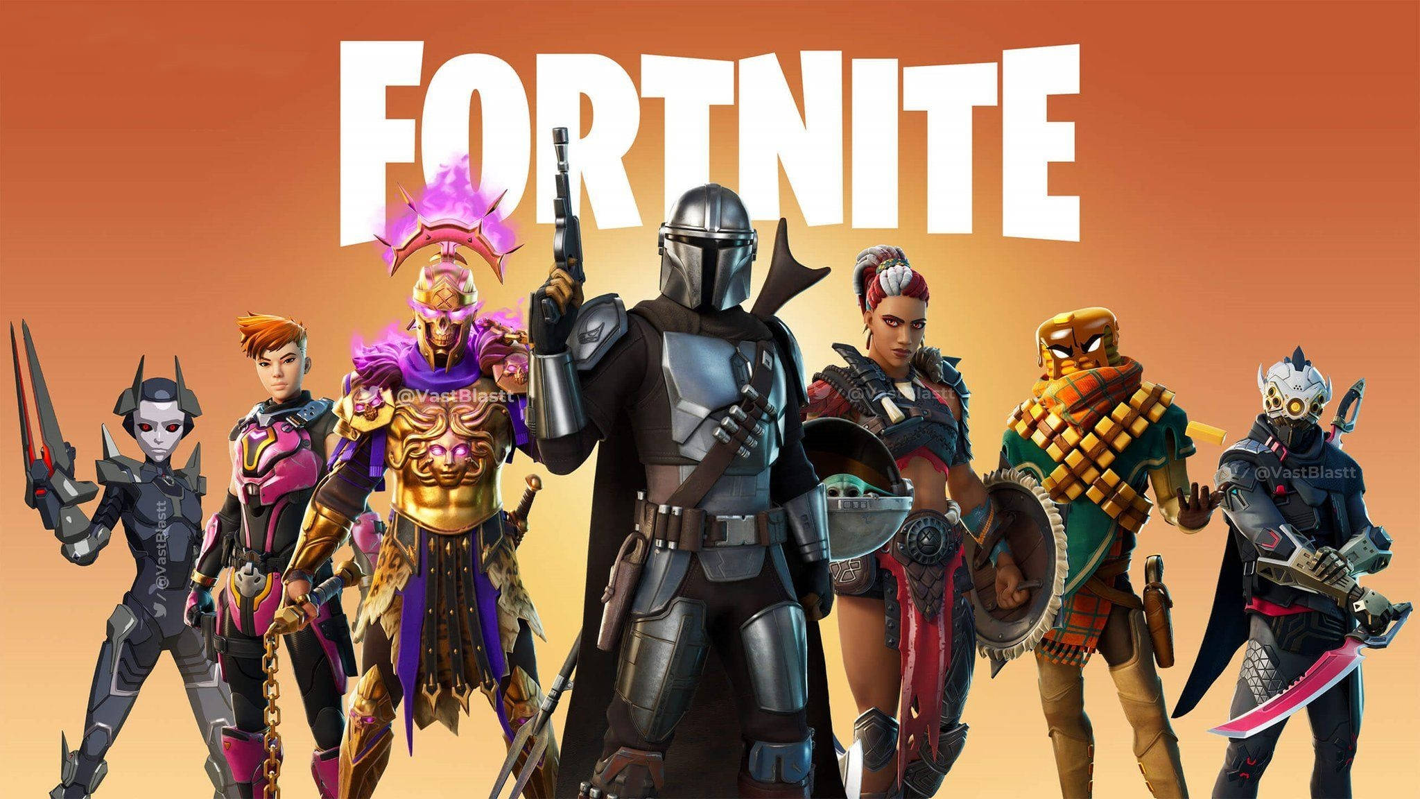 電玩遊戲 桌布 壁紙 — 六個身穿彩色盔甲的 Fortnite 角色英勇地站在溫暖的橙色漸變背景前，遊戲標題在上方。