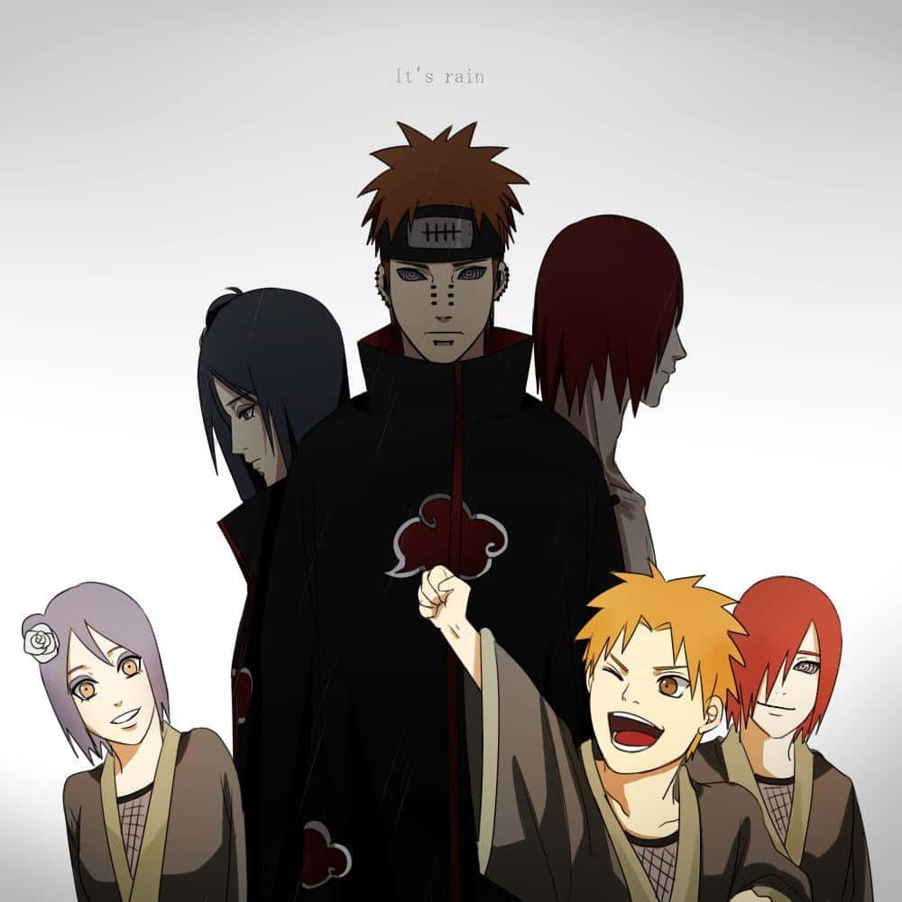Yahiko 桌布 壁紙 — 六個身穿曉組織斗篷的動漫角色站在純白色背景前，上方有文字 'It's rain'。