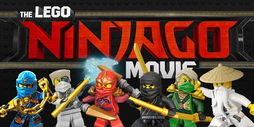 Animated 桌布 壁紙 — 六個身穿色彩繽紛忍者裝備的LEGO Ninjago角色，在鮮紅色的標題背景下英勇站立。