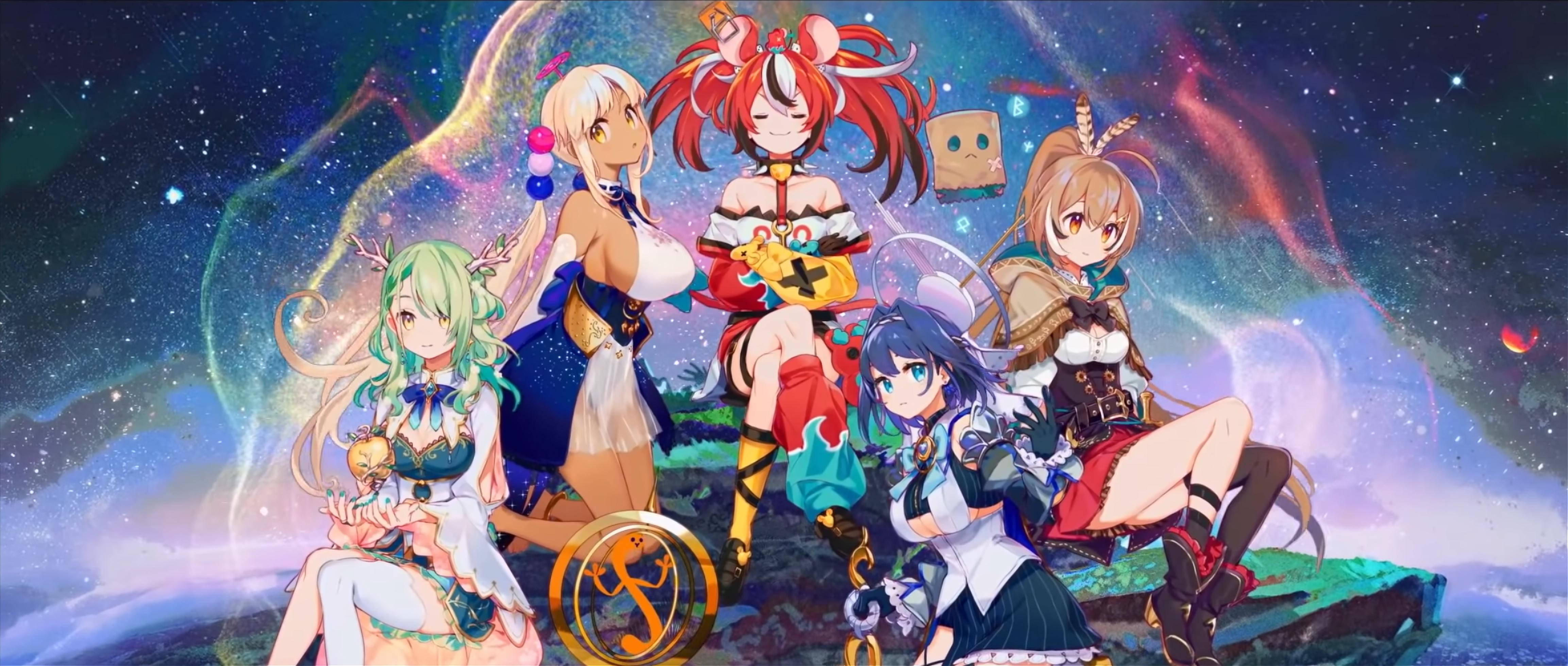 poster 桌布 壁紙 — 六個身穿色彩繽紛服裝的動漫女孩在浮島上擺姿勢，背景是充滿活力的宇宙星雲。