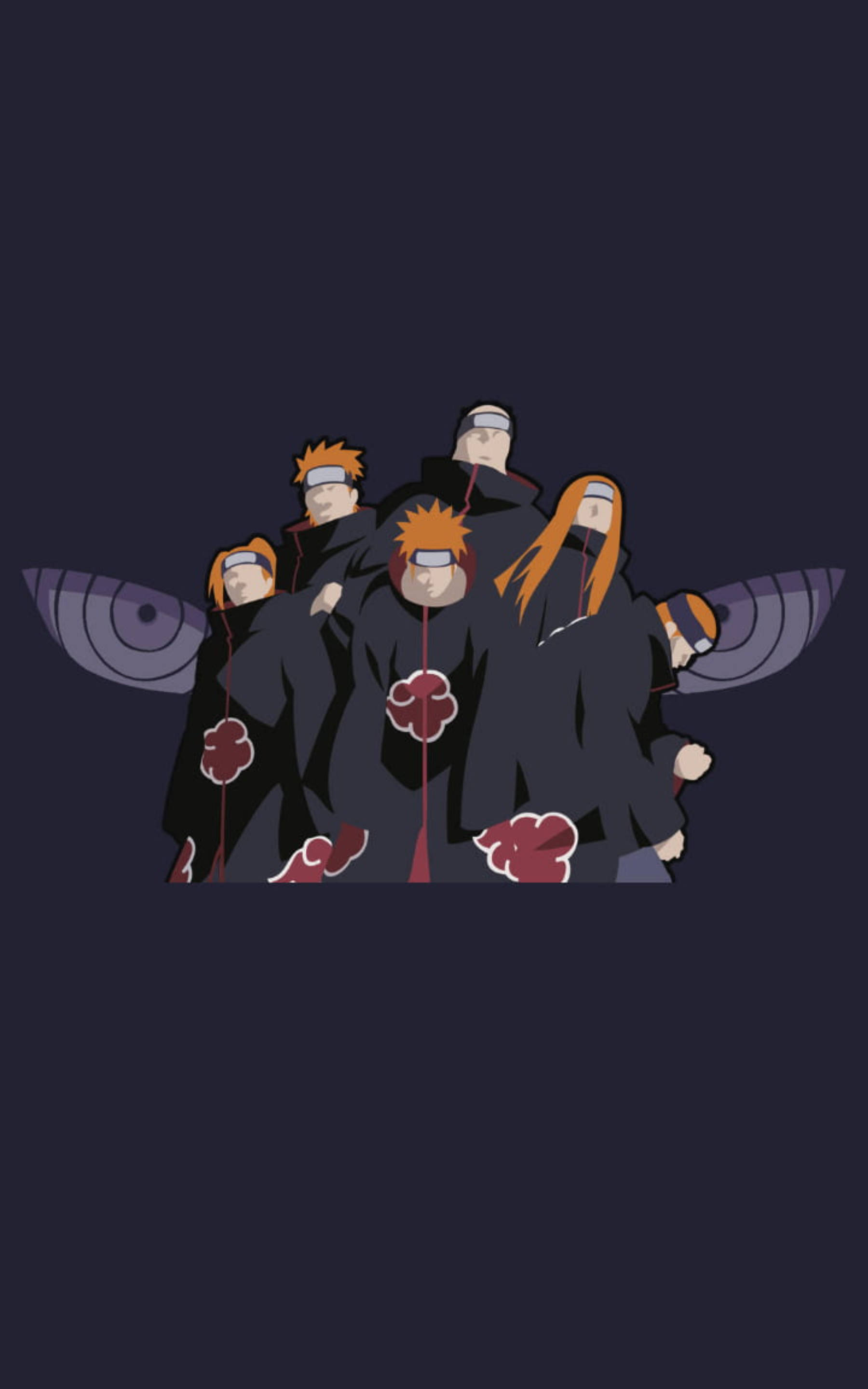 akatsuki phone 桌布 壁紙 — 六個身穿黑色斗篷、帶有紅色雲紋的動漫角色，在深色背景前對稱排列。