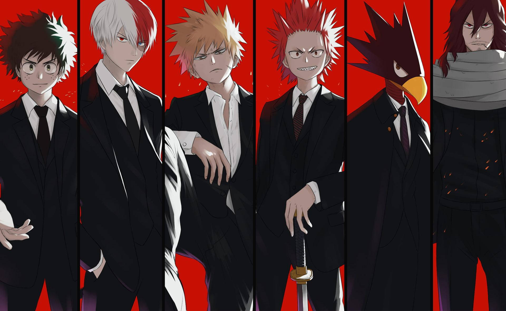 Todobakudeku 桌布 壁紙 — 六個身穿黑色西裝的動漫角色，在鮮紅色的背景前，表情嚴肅地站立。