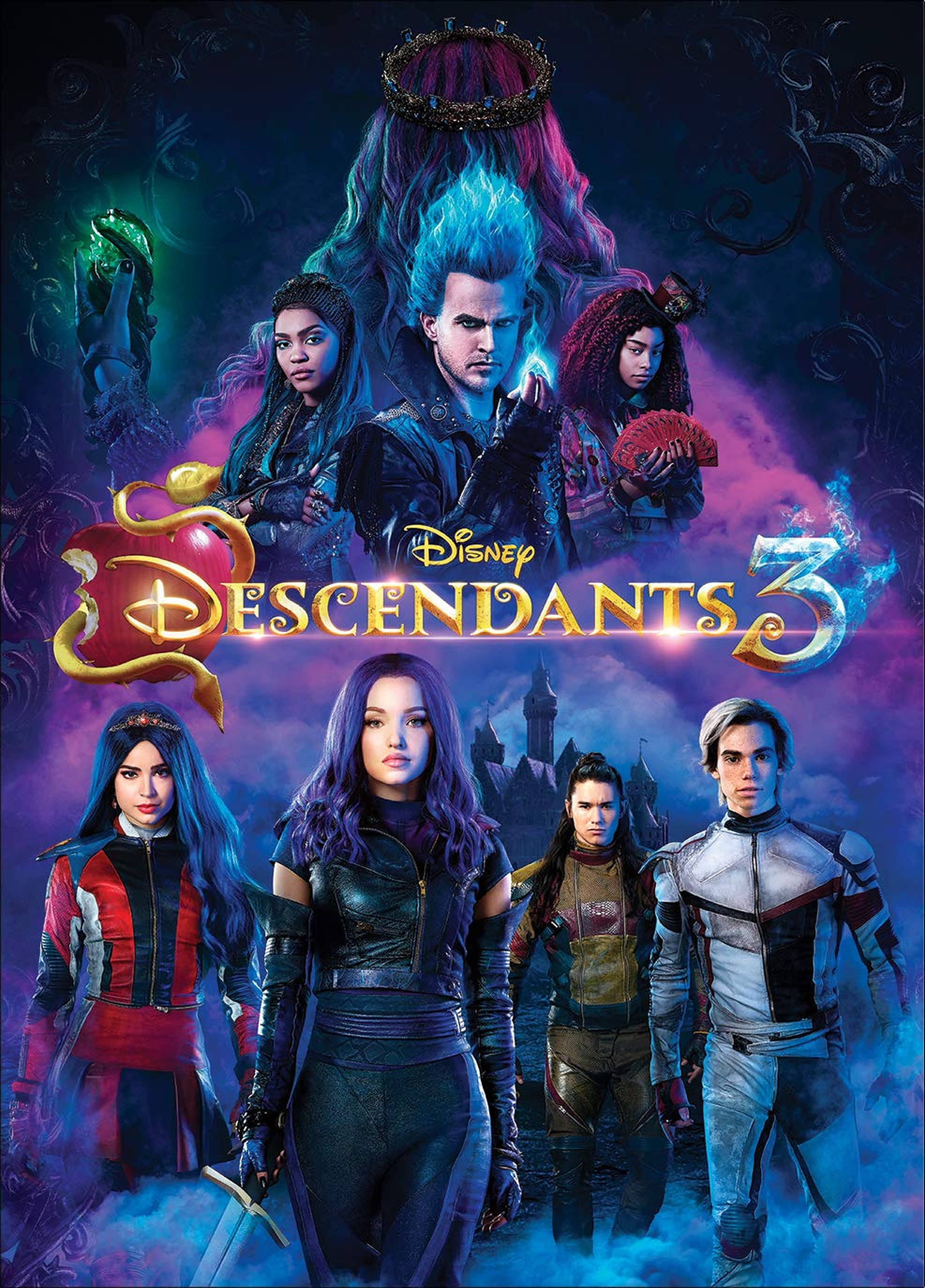 Descendants 桌布 壁紙 — 六個迪士尼《星光繼承者3》角色英勇地站在黑暗魔法城堡背景前，帶有發光的紫色和藍色能量效果。