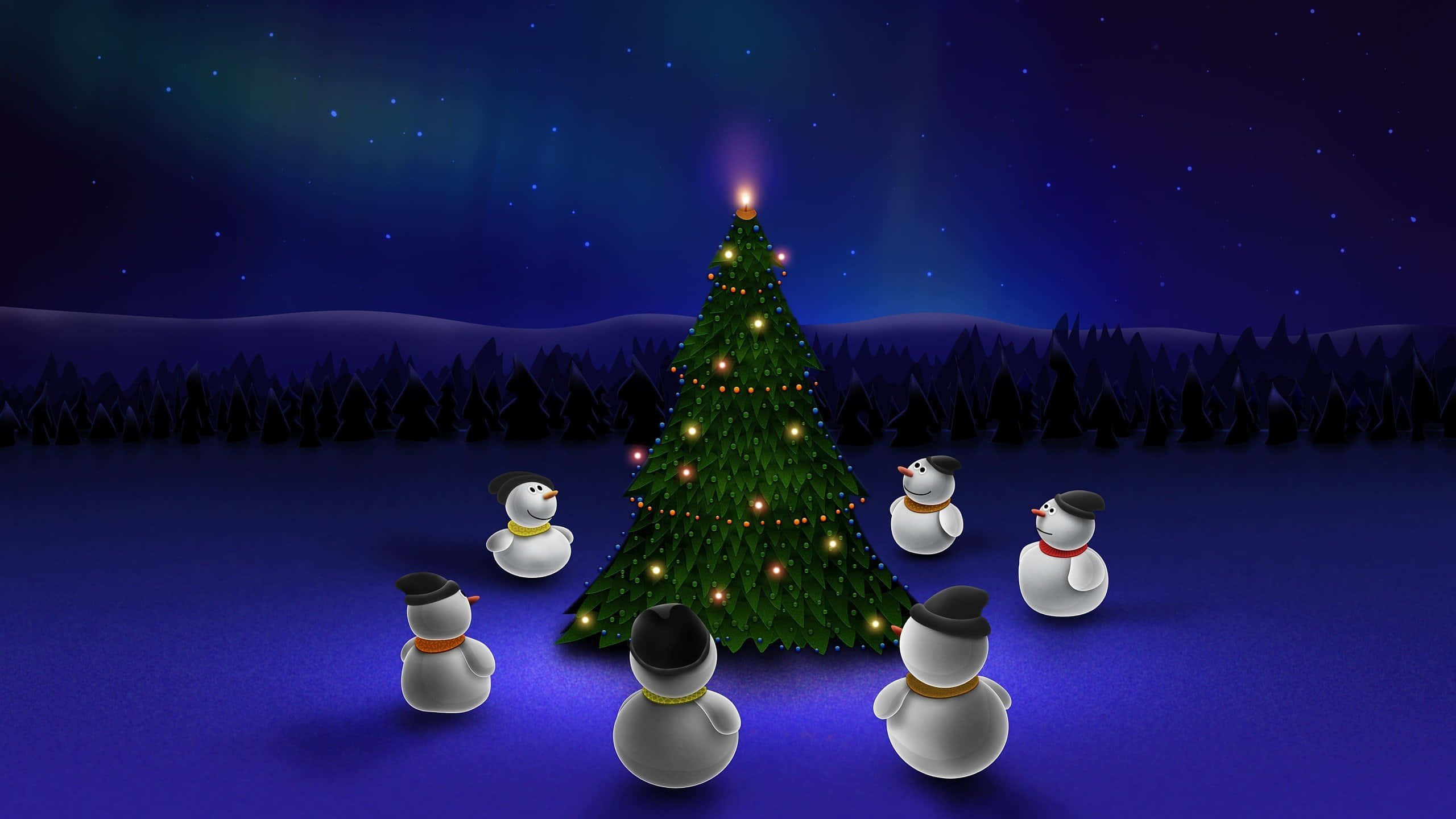 1920x1080 HD Christmas 桌布 壁紙 — 六個雪人聚集在閃爍的聖誕樹周圍，背景是繁星點點的冬夜天空和北極光。