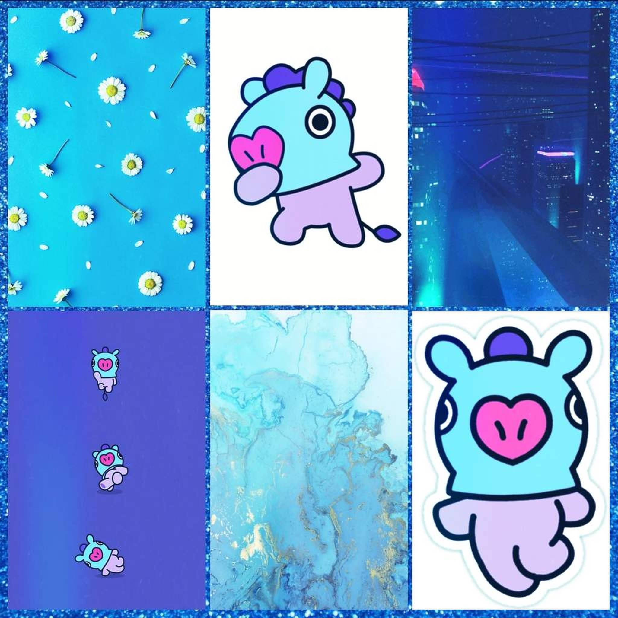 mang bt21 桌布 壁紙 — 六個面板的拼貼畫，包含藍色背景上的雛菊、卡通生物、霓虹城市景觀、漂浮角色、大理石紋理和貼紙風格角色。