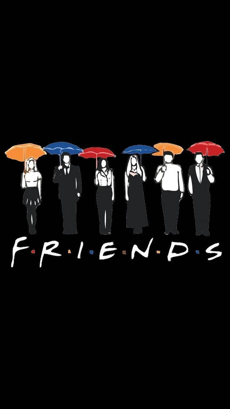 Friends Aesthetic 桌布 壁紙 — 六個風格化人物手持彩色雨傘，在黑色背景上排成一排，下方有FRIENDS字樣。