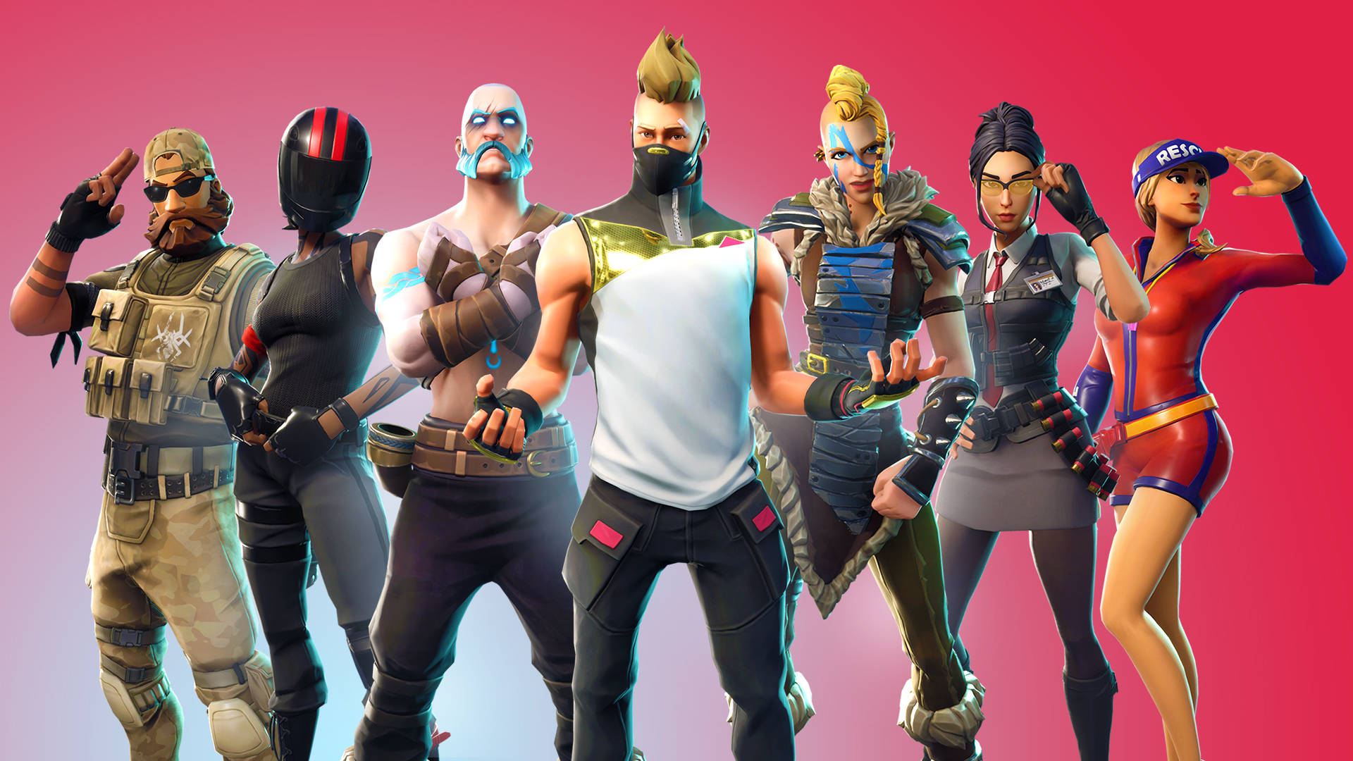 Fortnite 造型 桌布 壁紙 — 六個風格化的 Fortnite 角色穿著色彩繽紛的戰鬥裝備，在粉紅色和藍色的漸變背景前自信地擺姿勢。