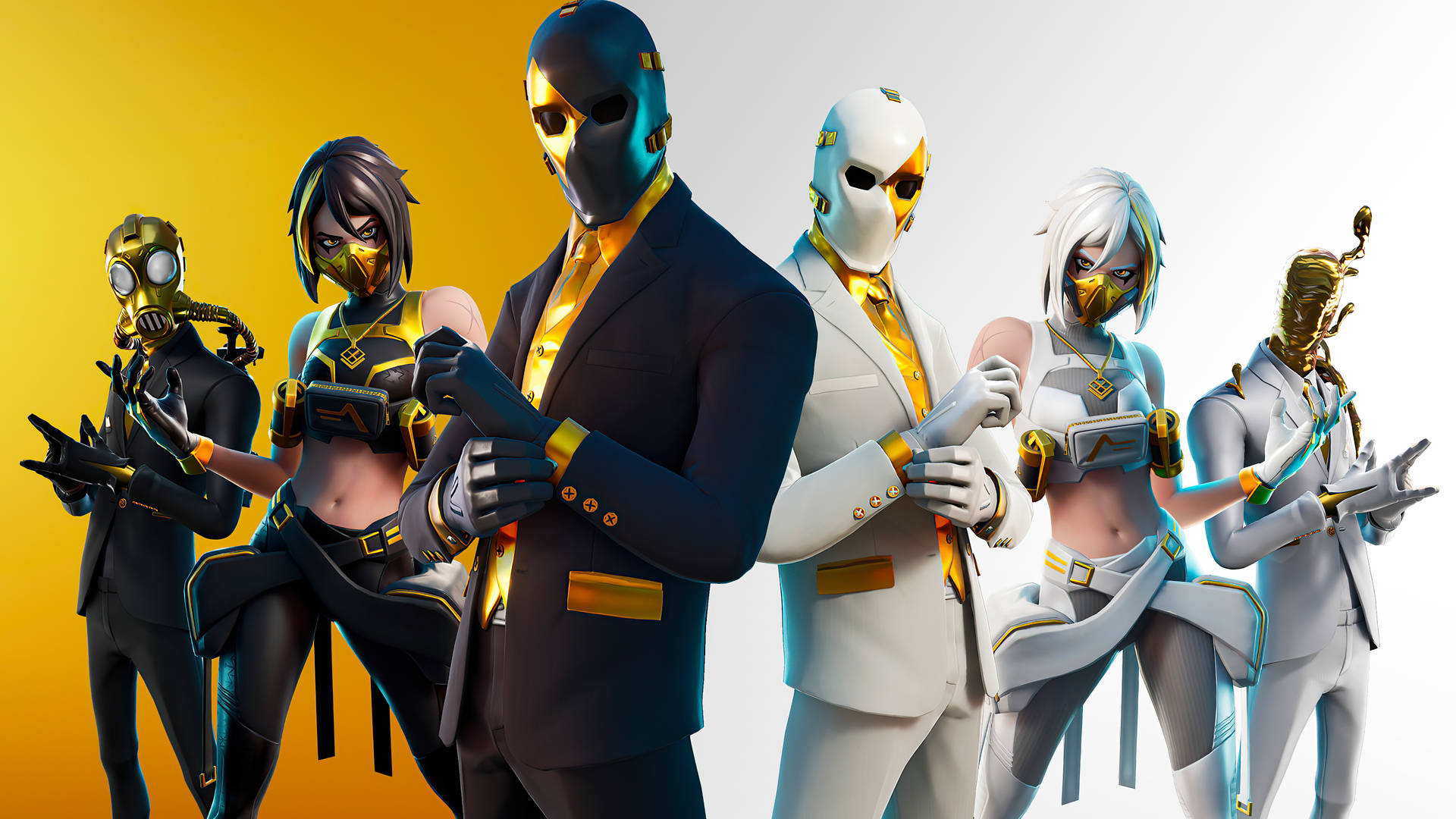 Fortnite 桌布 壁紙 — 六個風格化的Fortnite角色，身穿時尚西裝和面具，在充滿活力的黃白漸變背景前自信地擺姿勢。