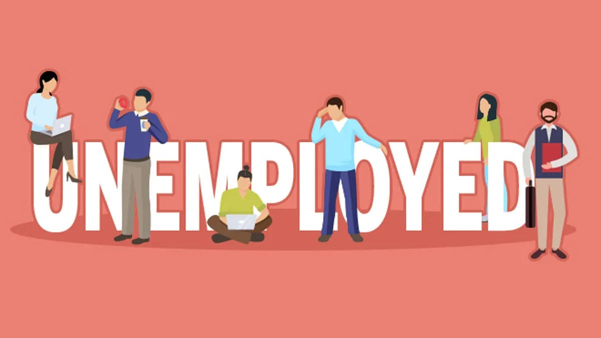 Typography 桌布 壁紙 — 六個風格化的人物以各種求職姿勢圍繞著粗體字 'UNEMPLOYED'，背景為純珊瑚色。