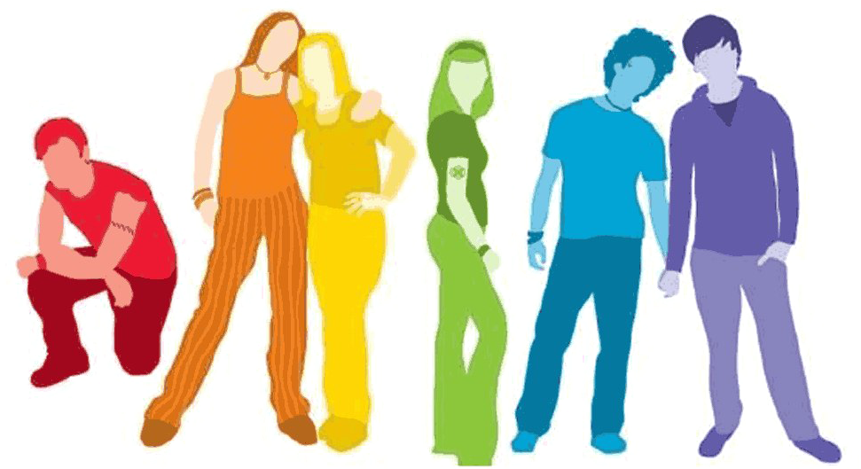 LGBT 桌布 壁紙 — 六個風格化的人物以鮮豔色彩在純黑背景上隨意擺姿勢。
