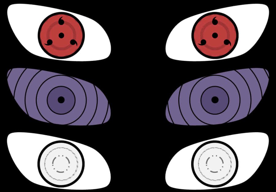 Rinnegan 桌布 壁紙 — 六個風格化的動漫眼睛，帶有紅色、紫色和白色的虹膜，在黑色背景上排列成三行。