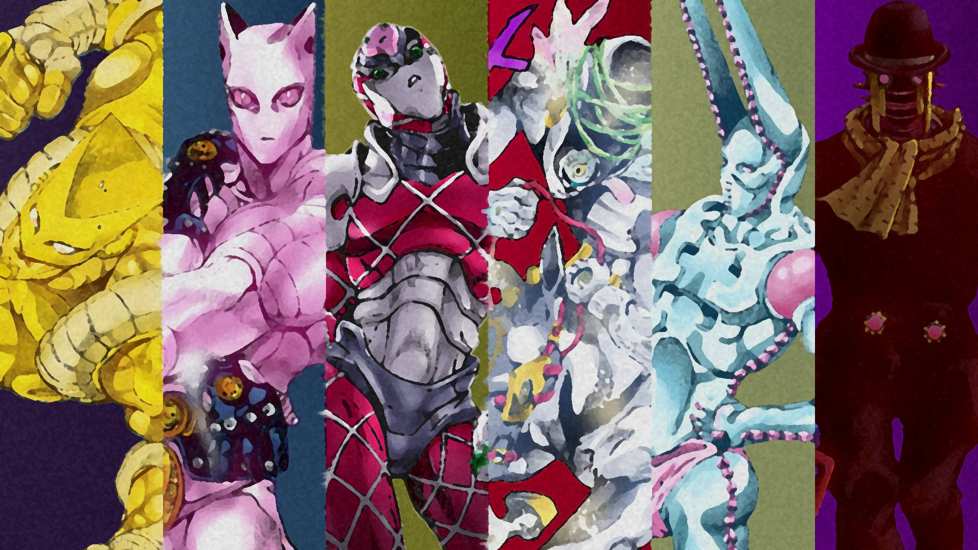 jojo 4K 桌布 壁紙 — 六個風格化的動漫角色，分別展示在充滿活力的垂直面板中，每個都有獨特的設計和大膽的色彩搭配。