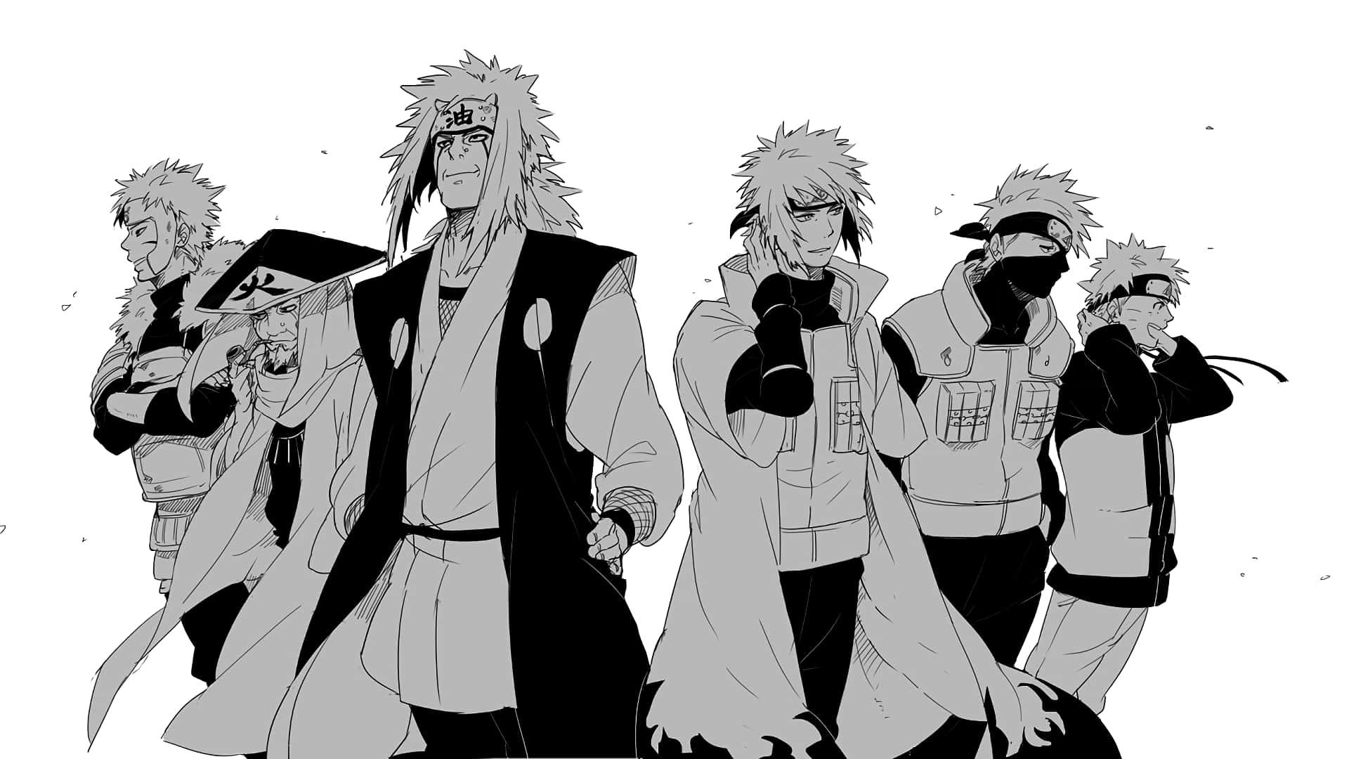 Naruto White 桌布 壁紙 — 六個風格化的動漫角色，擁有尖刺頭髮和忍者裝備，以動態的黑白排列站立。
