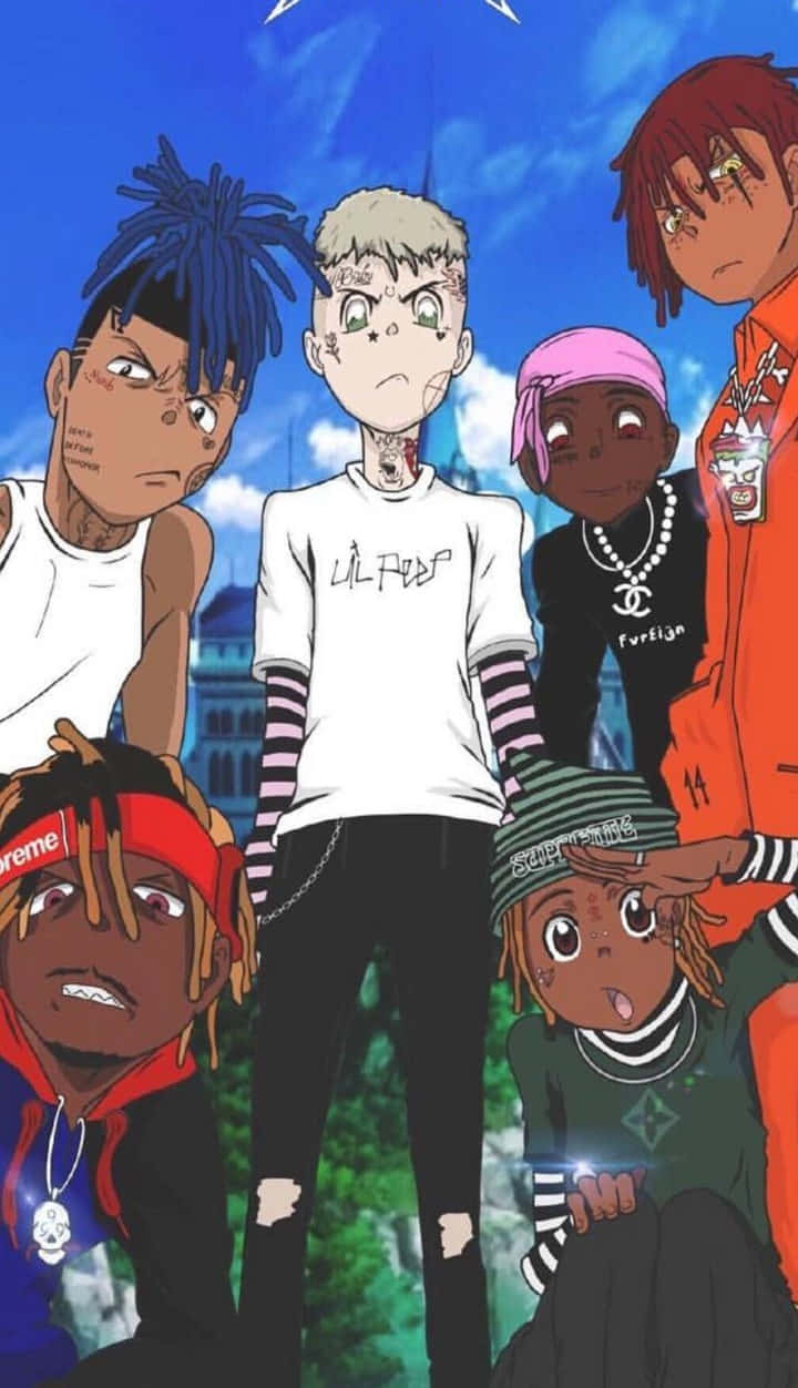 Aesthetic Rapper 桌布 壁紙 — 六個風格化的動漫角色，擁有獨特的時尚和刺青，在藍天白雲下擺姿勢。