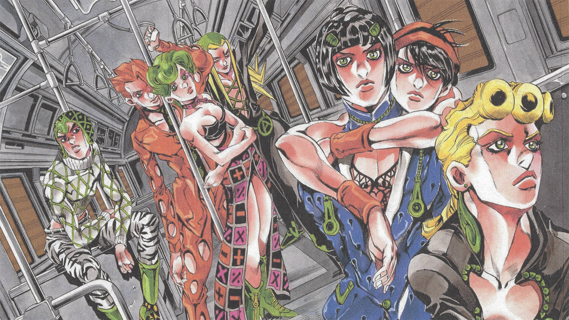 Giorno 桌布 壁紙 — 六個風格化的動漫角色，穿著大膽的服裝和綠色眼睛，在地鐵車廂內的金屬柱和窗戶旁戲劇性地擺姿勢。