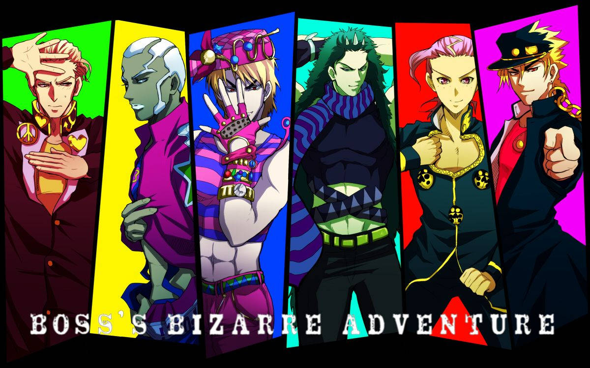 adventure 桌布 壁紙 — 六個風格化的動漫角色站在鮮豔的彩色面板中，每個都擺出自信的姿勢，穿著大膽的服裝，表情豐富。