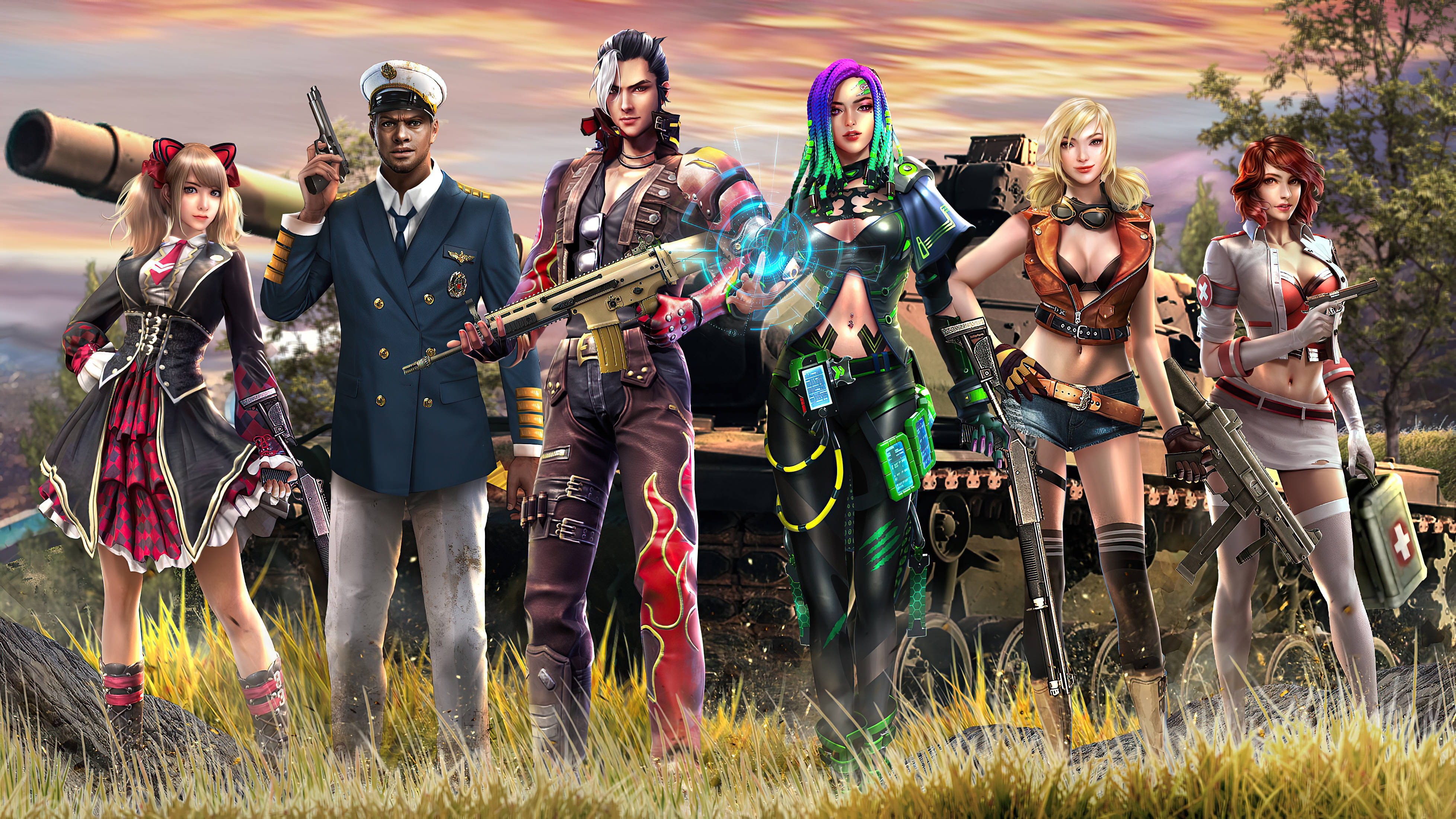 Free Fire 桌布 壁紙 — 六個風格化的動漫角色身穿戰鬥裝備，站在草地上，身後有坦克，背景是夕陽天空。