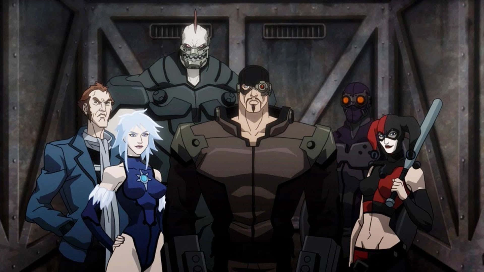 Batman Assault On Arkham 桌布 壁紙 — 六個風格化的動畫反派在昏暗的環境中威風凜凜地站在沉重的工業門前。