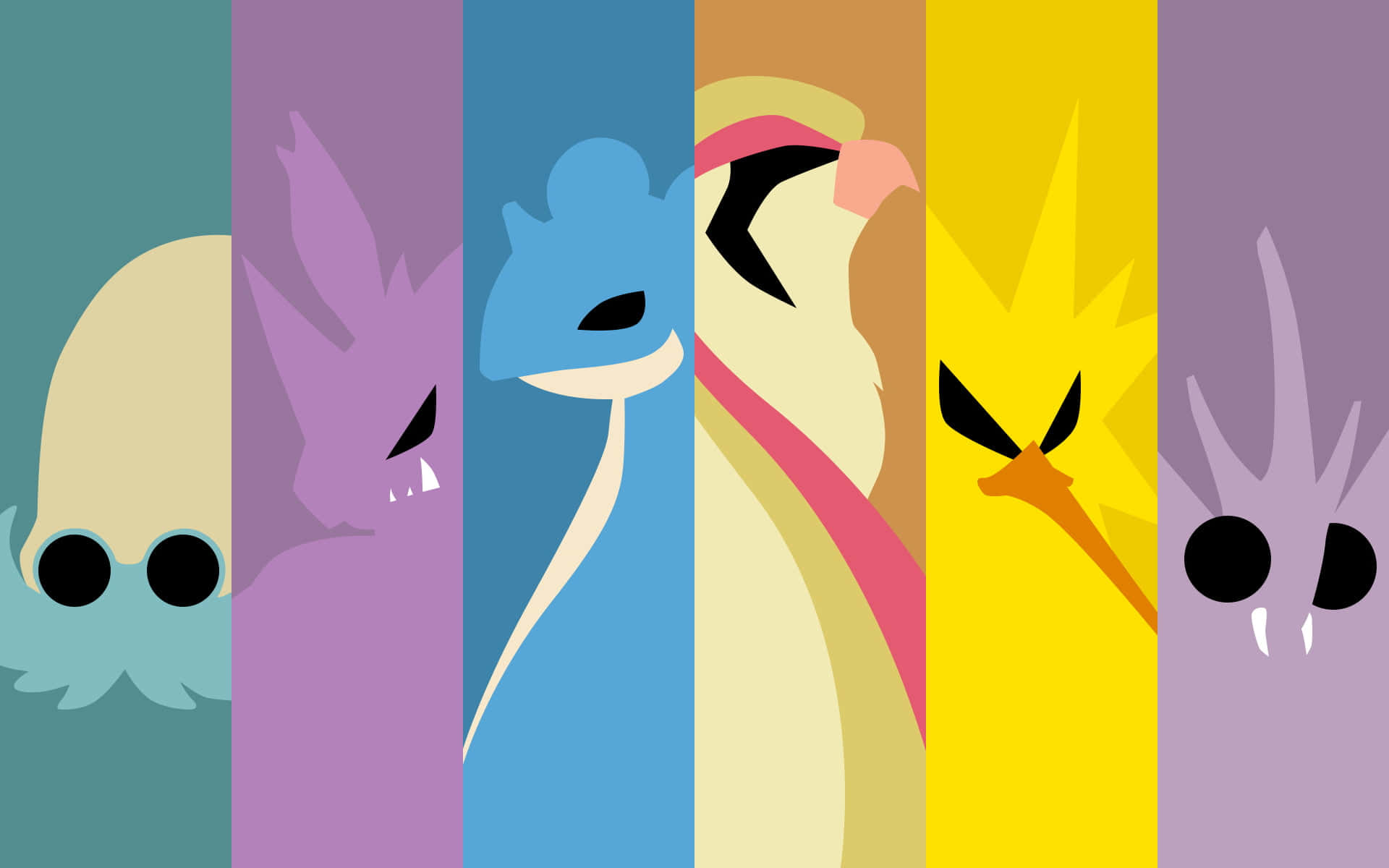 Pokemon Characters 桌布 壁紙 — 六個風格化的卡通生物，有大眼睛和尖牙，出現在垂直色塊中，背景鮮豔。